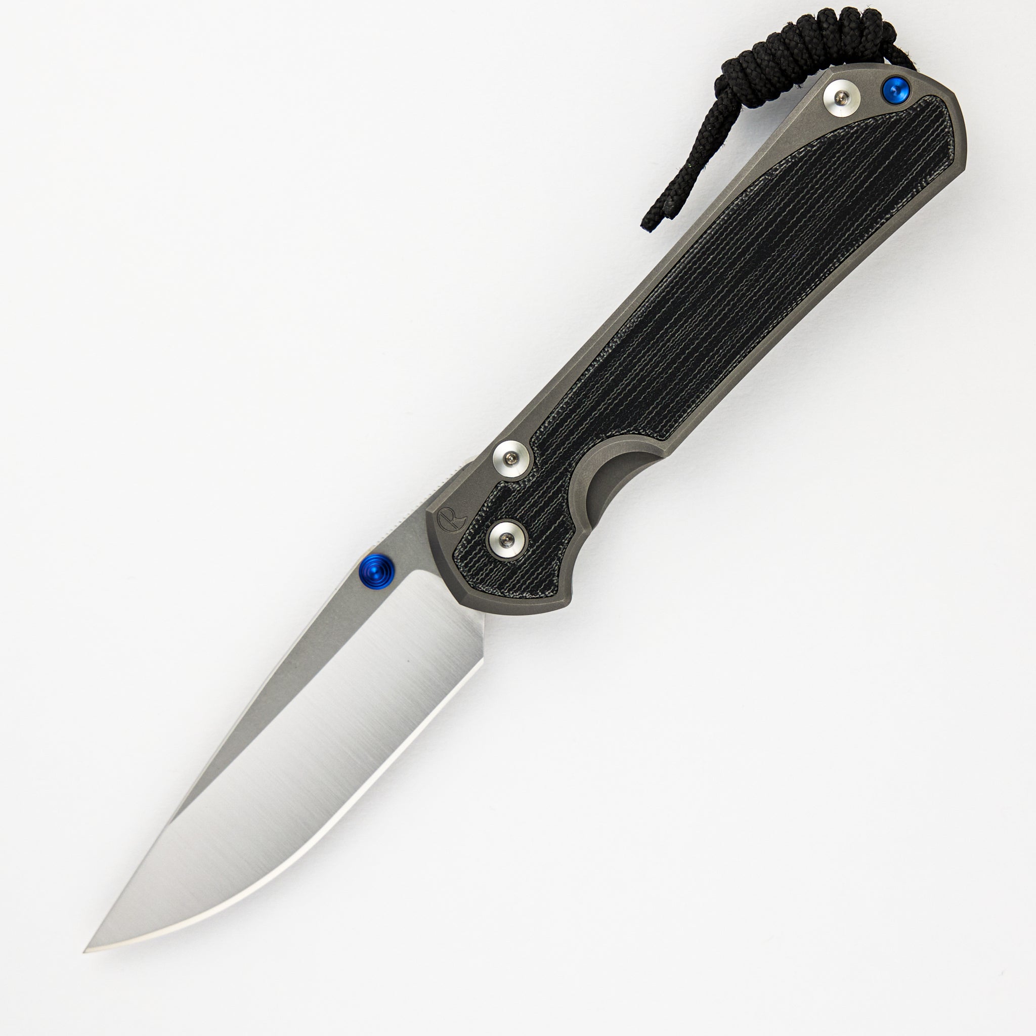 LARGE SEBENZA 31 BLACK CANVAS MICARTA INLAY – POLISHED CPM MAGNACUT BLADE – GLASS BLASTED - BLUE DOUBLE THUMB LUGS