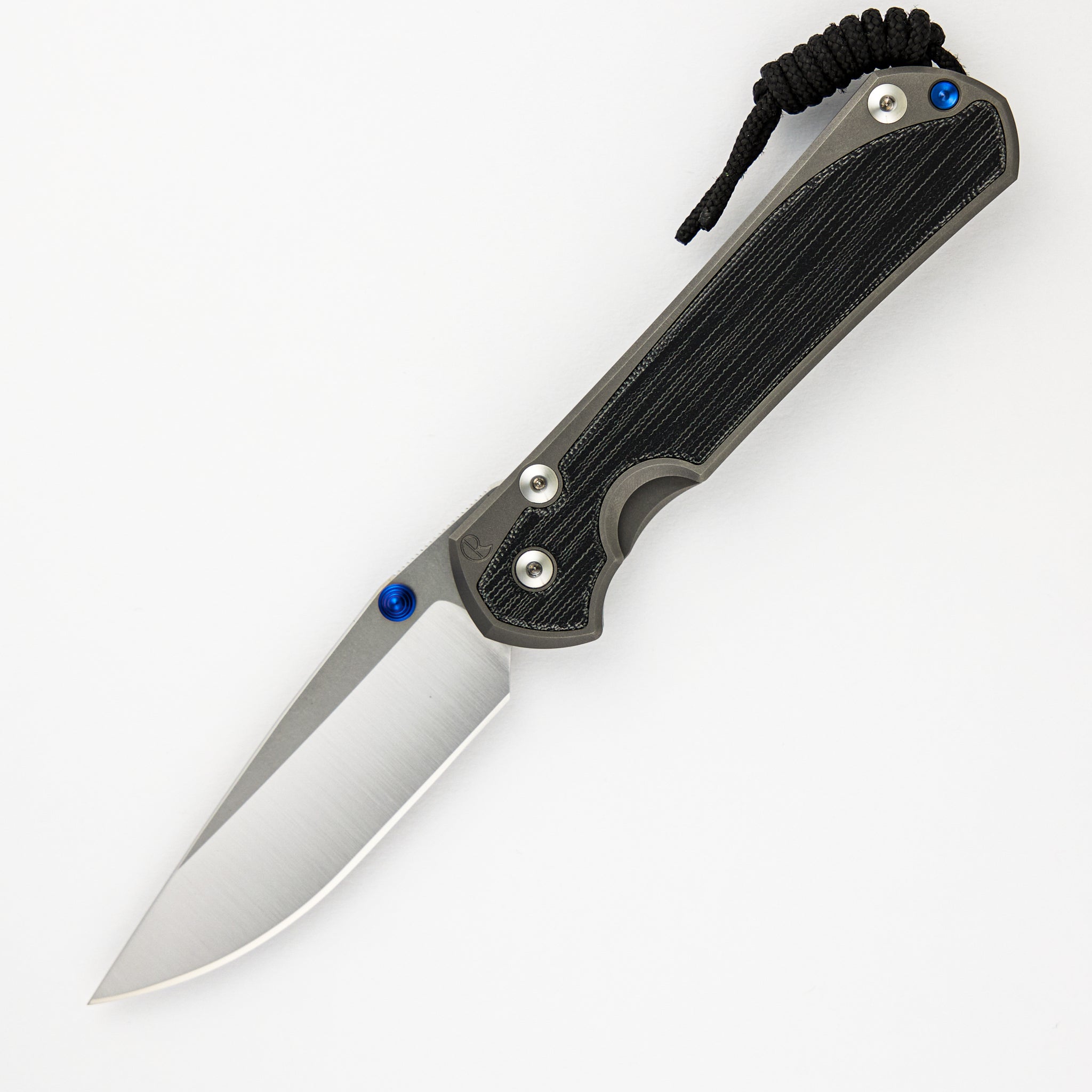 CHRIS REEVE LARGE SEBENZA 31 BLACK CANVAS MICARTA INLAY – POLISHED CPM MAGNACUT BLADE – GLASS BLASTED - BLUE DOUBLE THUMB LUGS