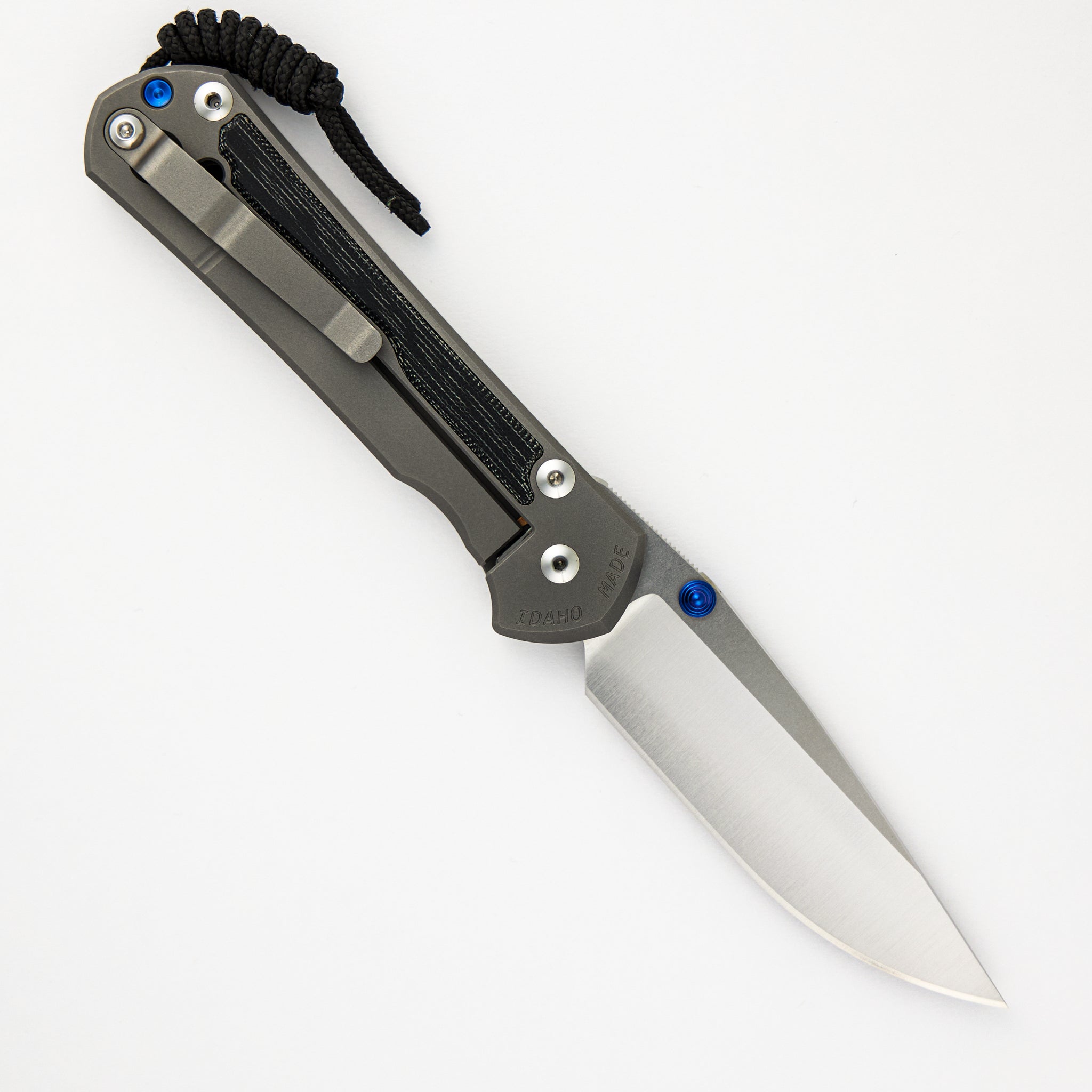 LARGE SEBENZA 31 BLACK CANVAS MICARTA INLAY – POLISHED CPM MAGNACUT BLADE – GLASS BLASTED - BLUE DOUBLE THUMB LUGS