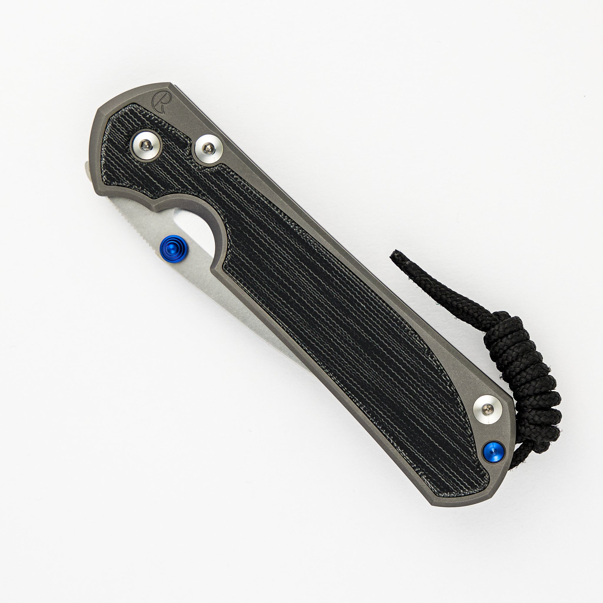 LARGE SEBENZA 31 BLACK CANVAS MICARTA INLAY – POLISHED CPM MAGNACUT BLADE – GLASS BLASTED - BLUE DOUBLE THUMB LUGS