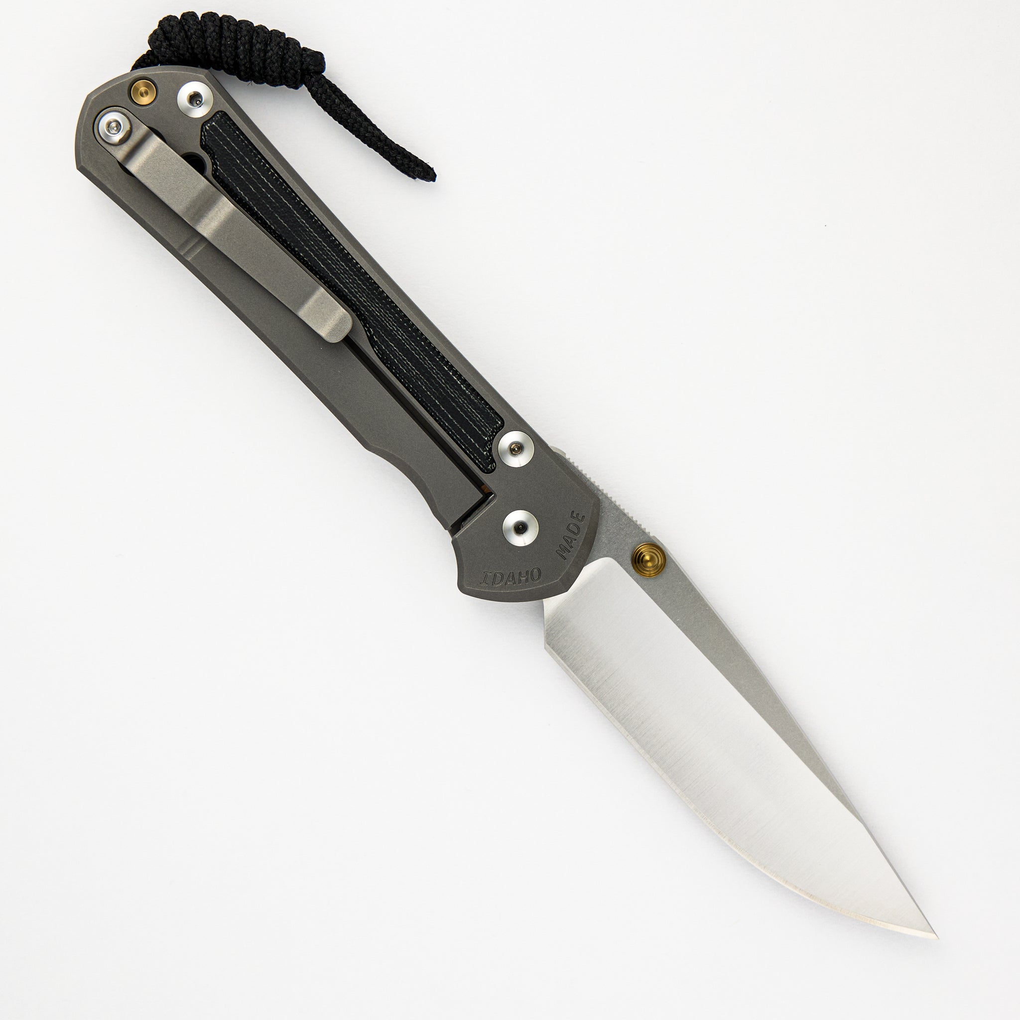LARGE SEBENZA 31 BLACK CANVAS MICARTA INLAY – POLISHED CPM MAGNACUT BLADE – GLASS BLASTED - GOLD DOUBLE THUMB LUGS