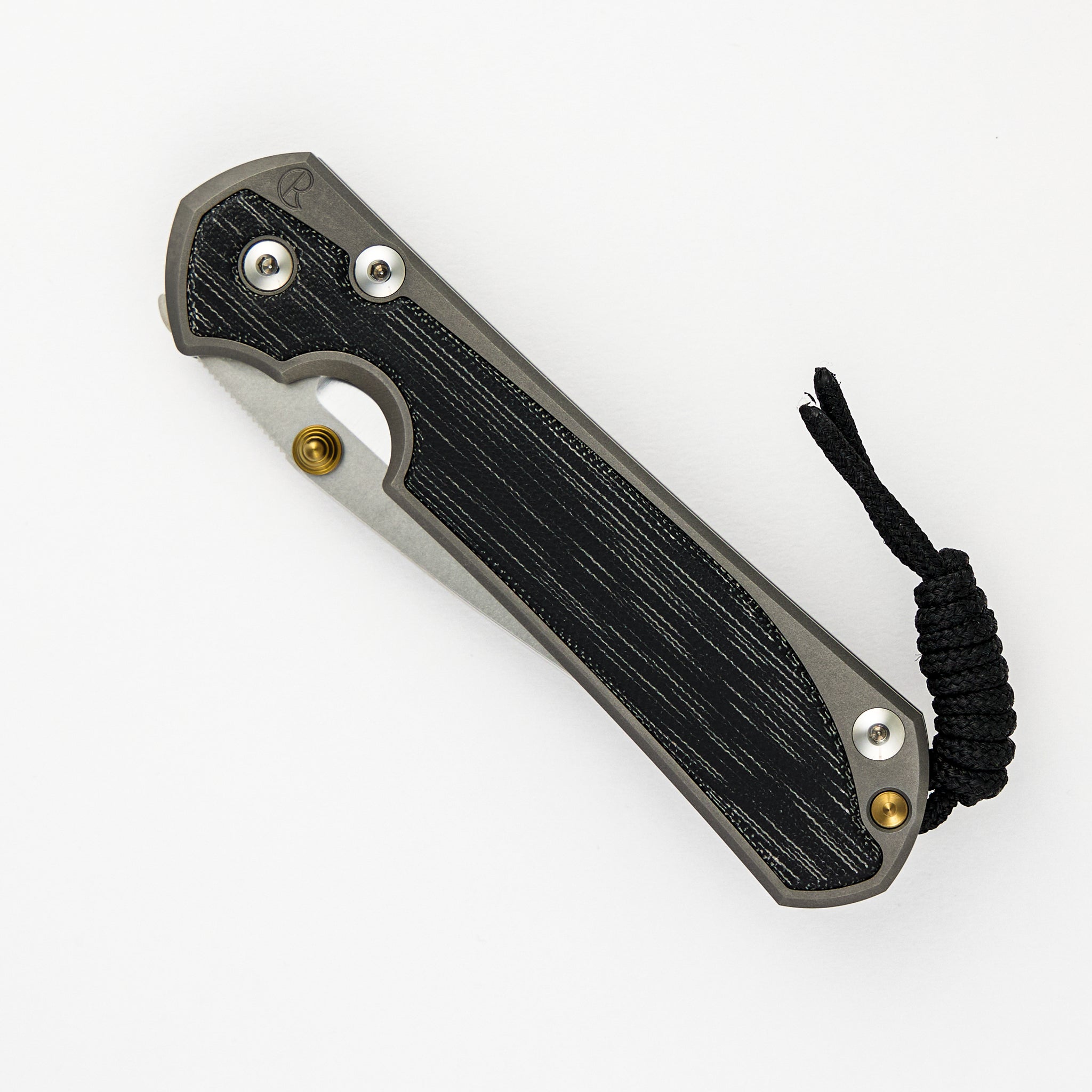 LARGE SEBENZA 31 BLACK CANVAS MICARTA INLAY – POLISHED CPM MAGNACUT BLADE – GLASS BLASTED - GOLD DOUBLE THUMB LUGS