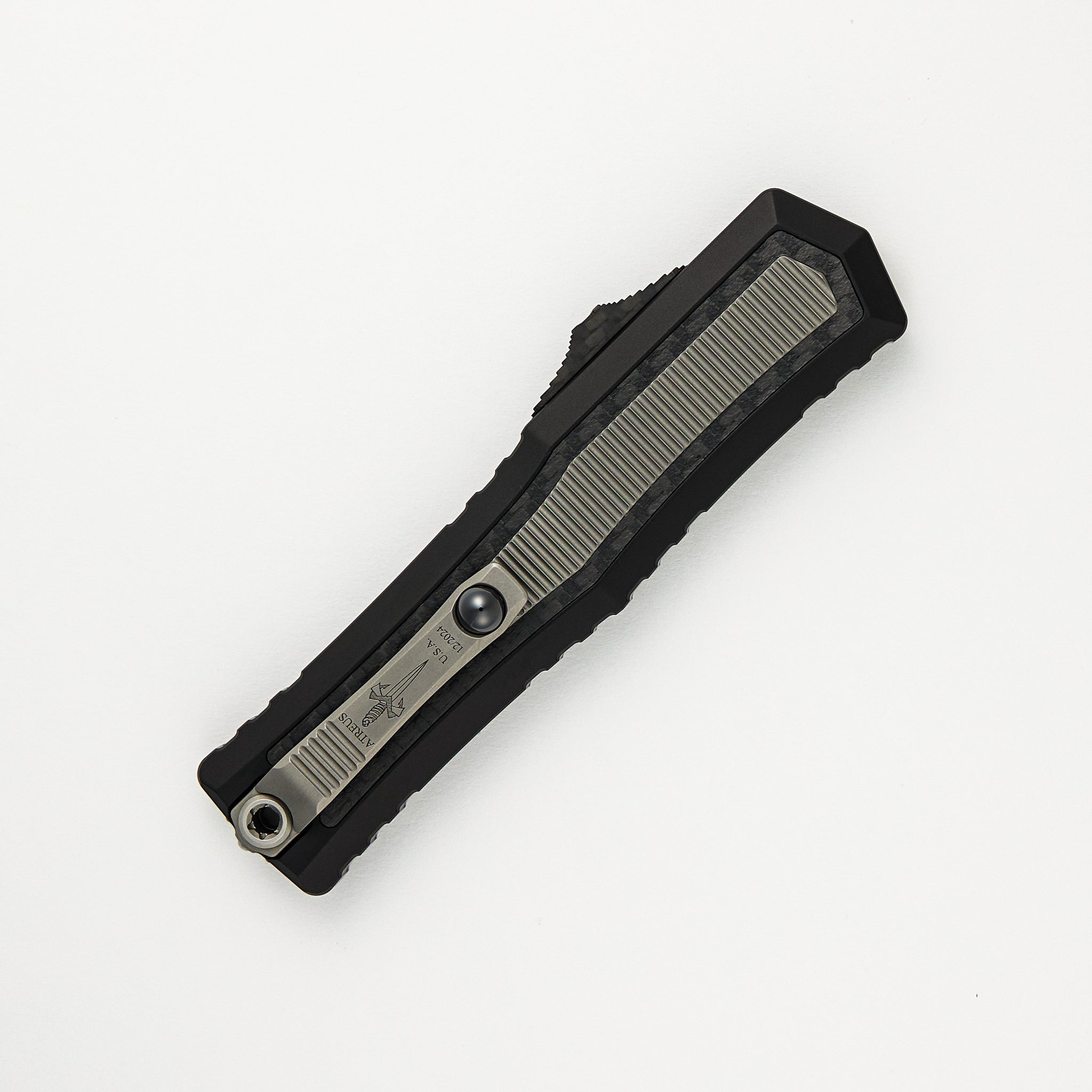 Marfione Custom Knives Atreus - D/E Cryo Ice Finish M390MK Blade - Mil-Spec Aircraft Alloy W/ Carbon Fiber and Titanium Inlays