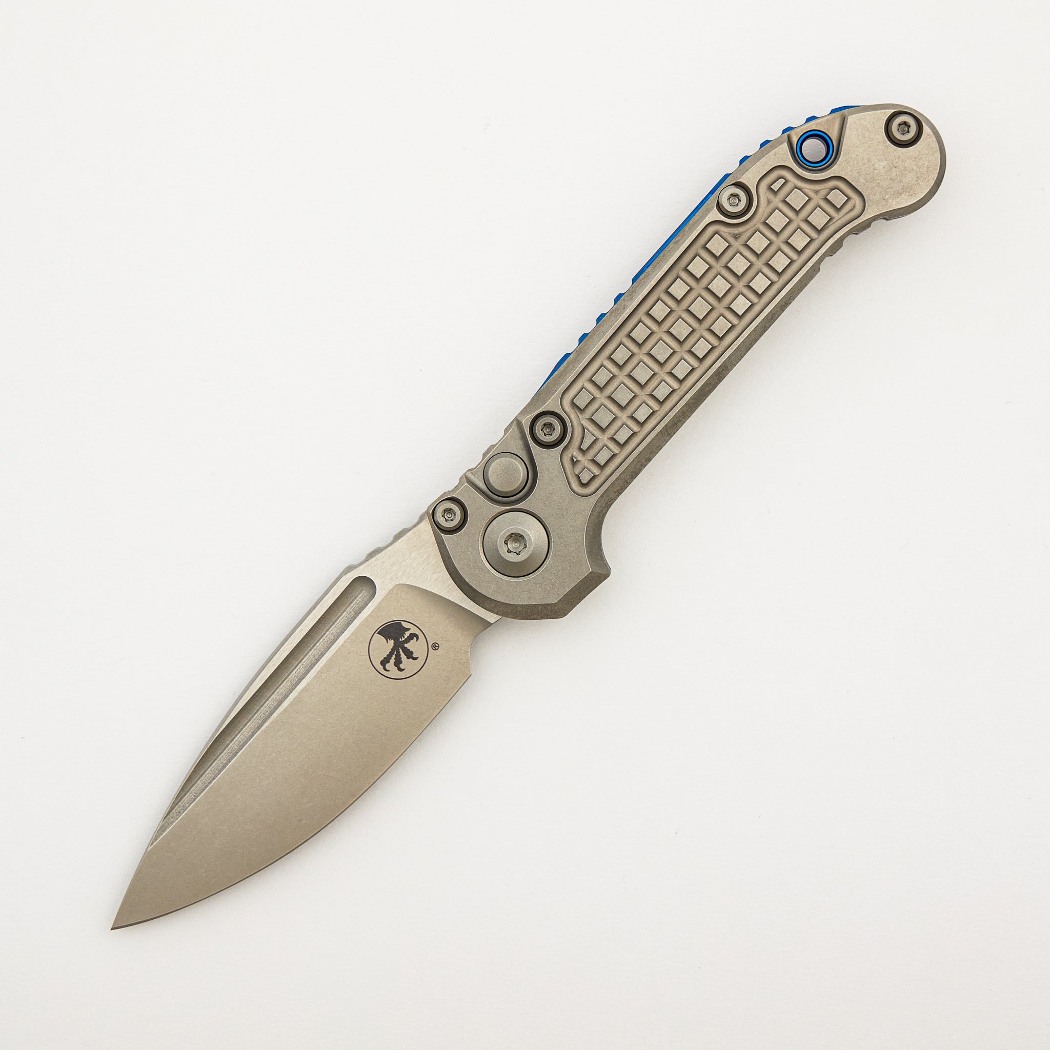 "Marfione Select" L.U.D.T. Clip Point Stonewash Finish Frag Pattern Titanium W/ Blue Accent 1135-10FRMS2