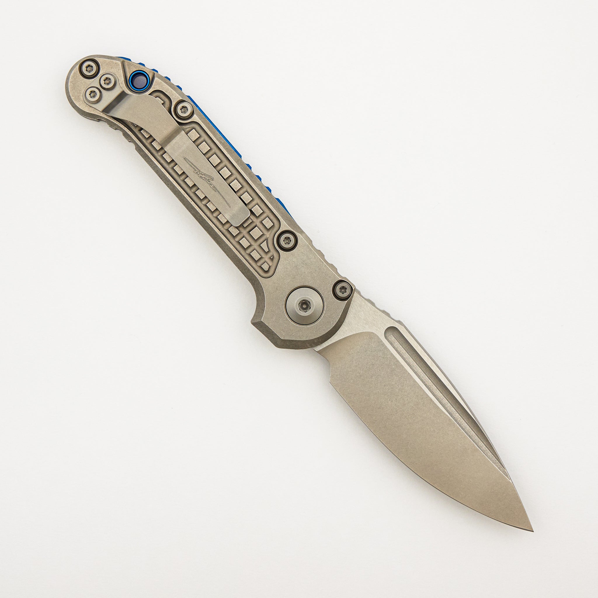 "Marfione Select" L.U.D.T. Clip Point Stonewash Finish Frag Pattern Titanium W/ Blue Accent 1135-10FRMS2