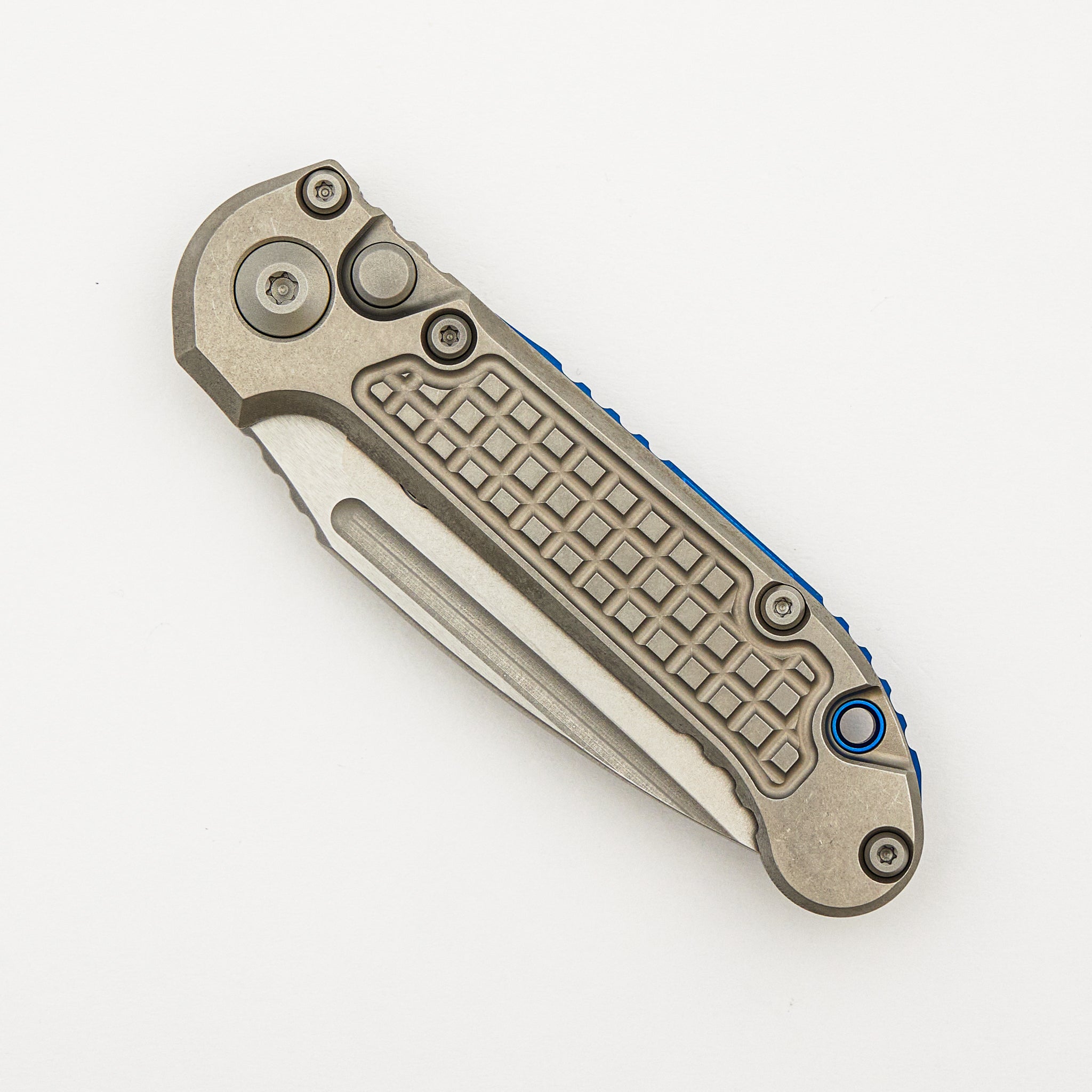"Marfione Select" L.U.D.T. Clip Point Stonewash Finish Frag Pattern Titanium W/ Blue Accent 1135-10FRMS2
