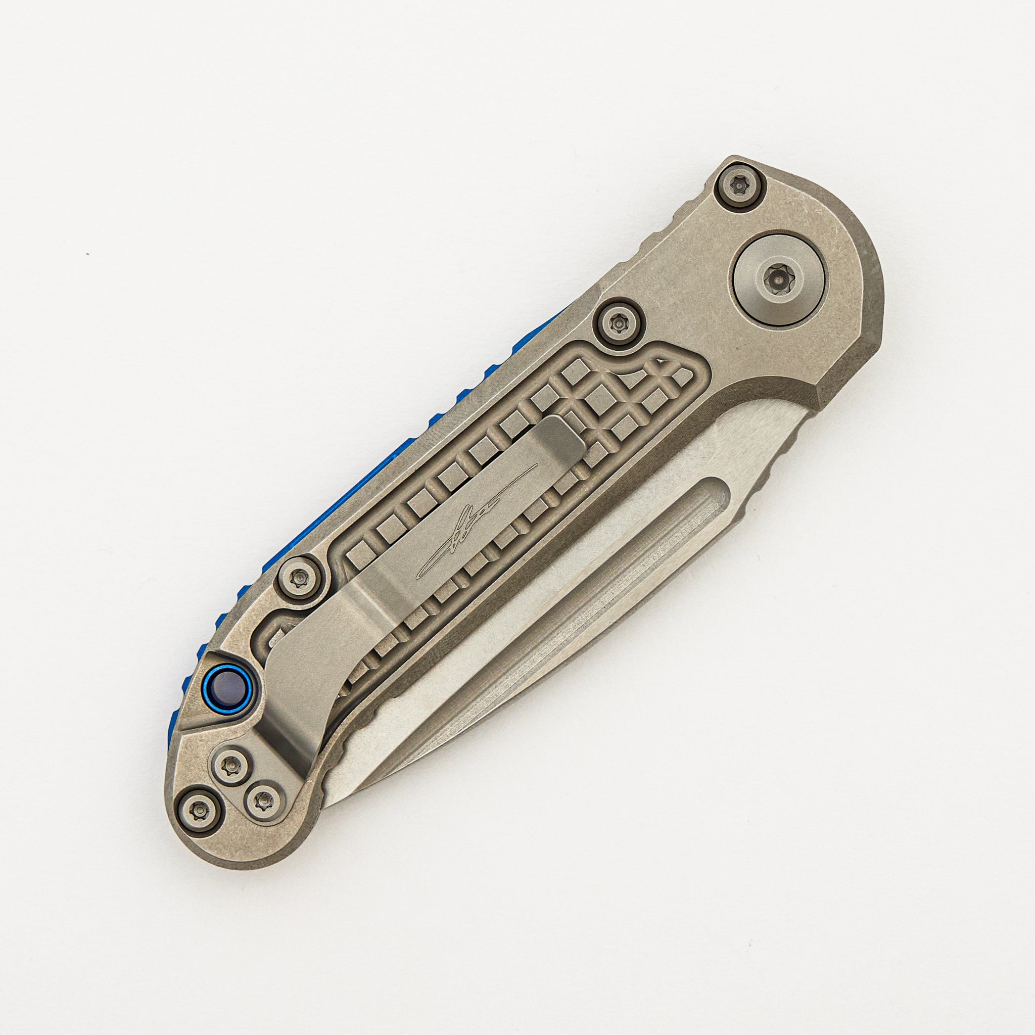 "Marfione Select" L.U.D.T. Clip Point Stonewash Finish Frag Pattern Titanium W/ Blue Accent 1135-10FRMS2