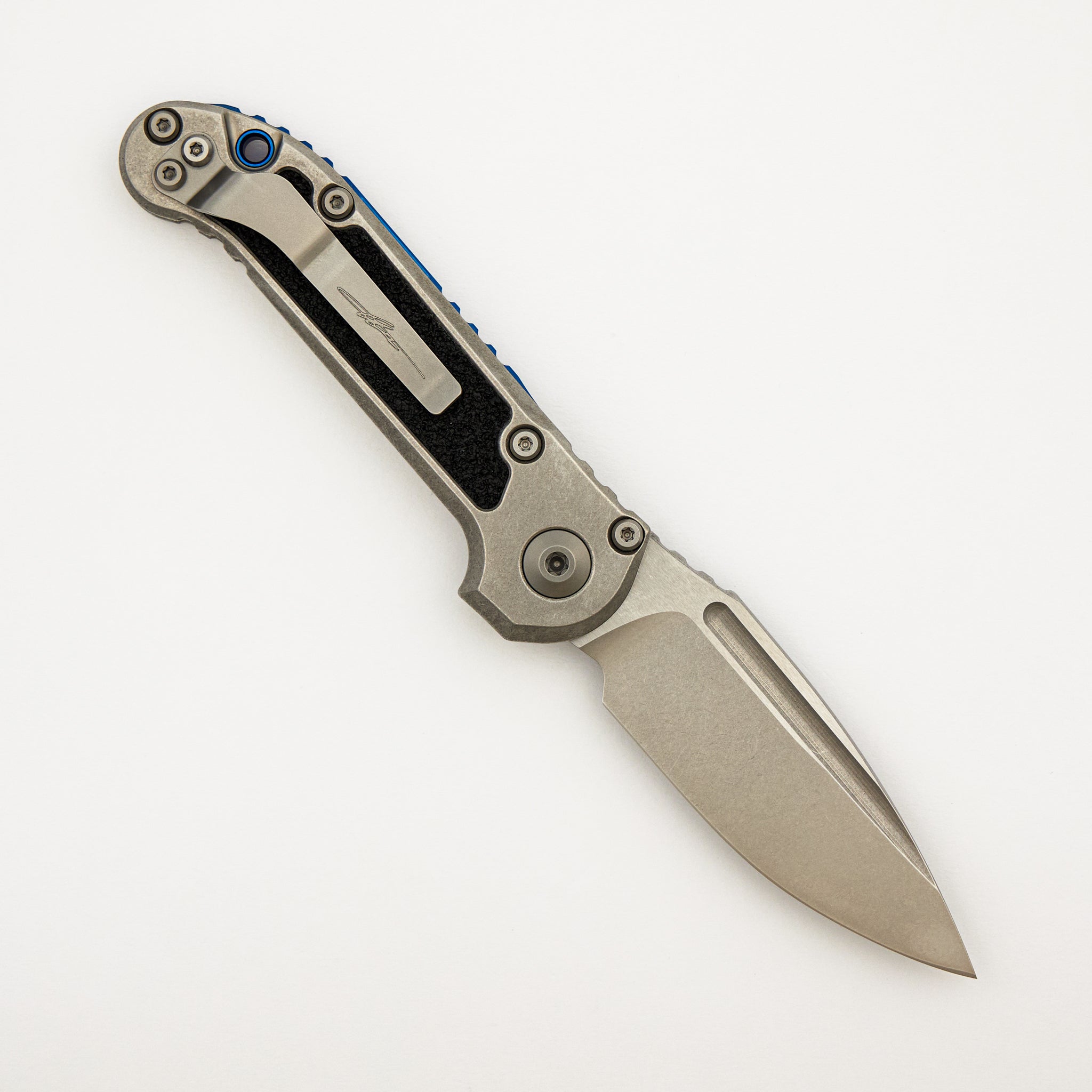"Marfione Select" L.U.D.T. Clip Point Stonewash Finish Titanium W/ Textured Inlay and Blue Titanium Accent 1135-10MS4