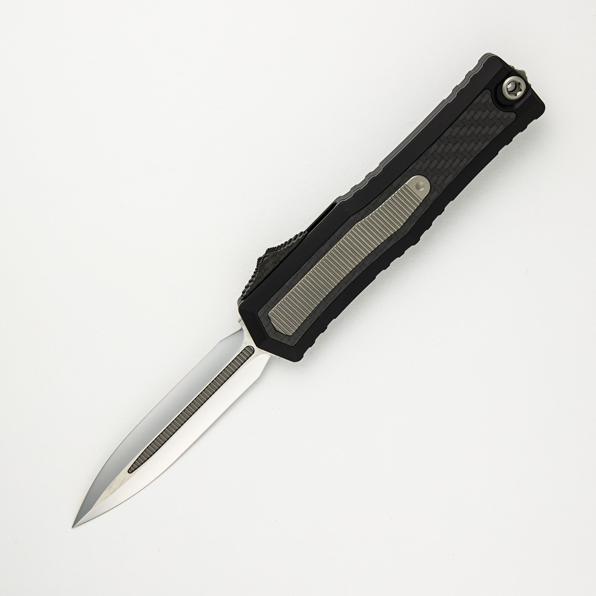 Marfione Custom Knives Atreus - D/E Mirror Polish M390MK Blade - Mil-Spec Aircraft Alloy W/ Carbon Fiber and Titanium Inlays