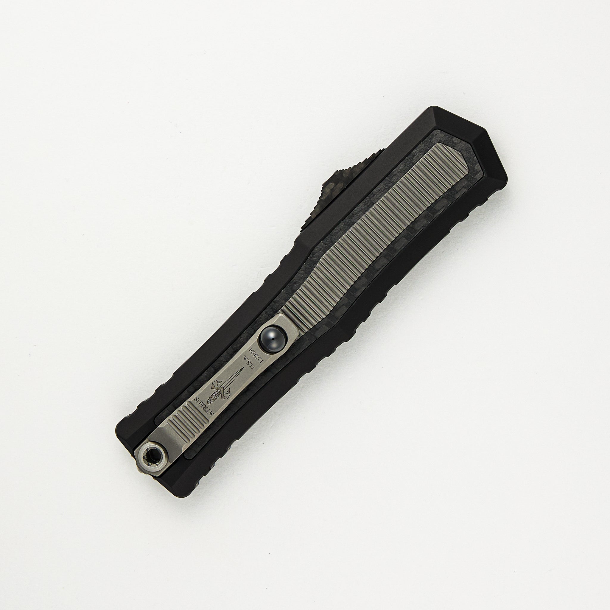 Marfione Custom Knives Atreus - D/E Mirror Polish M390MK Blade - Mil-Spec Aircraft Alloy W/ Carbon Fiber and Titanium Inlays