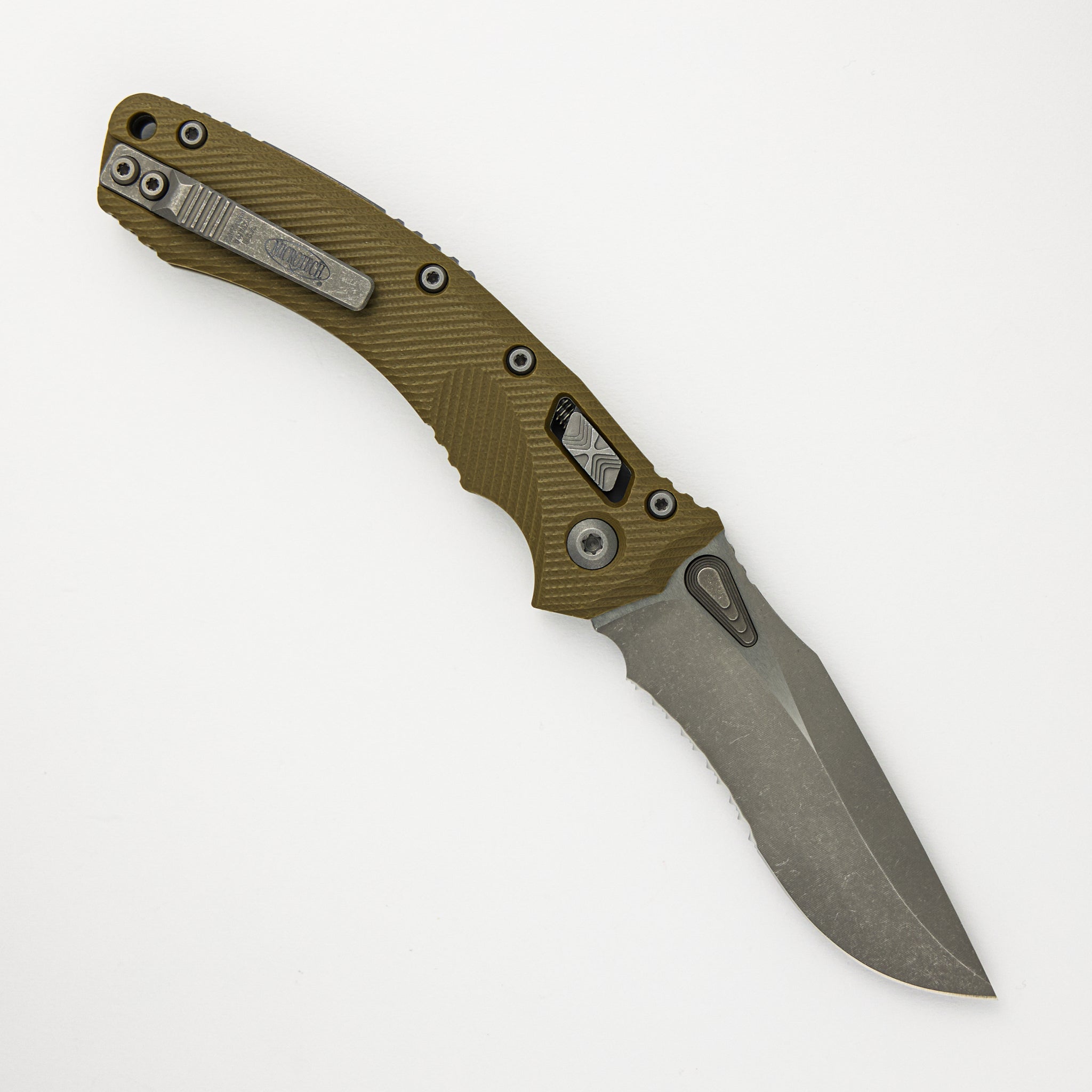 Microtech Amphibian - RAM-LOK Apocalyptic Drop Point Partial Serrated Fluted OD Green G10 137RL-11APFLGTOD