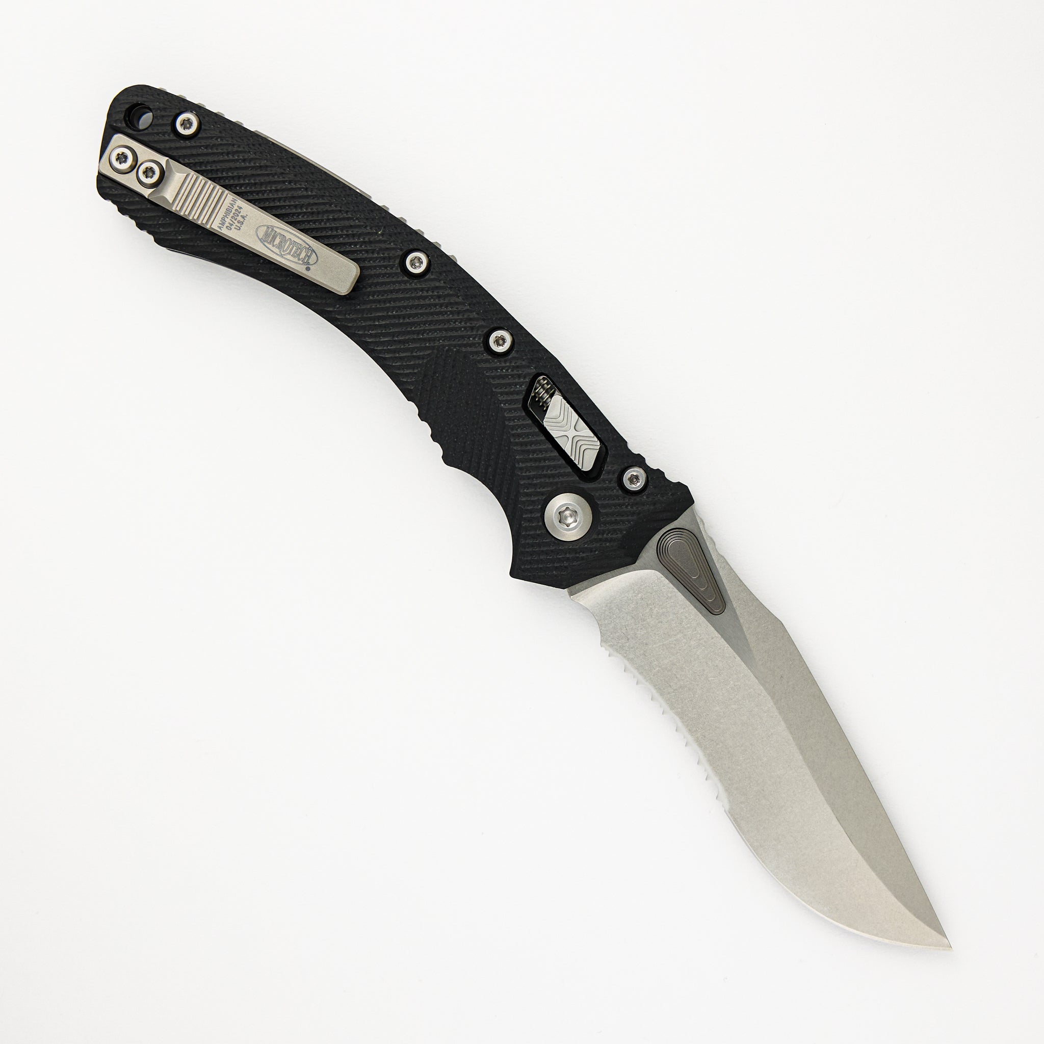 Microtech Amphibian - RAM-LOK Stonewash Drop Point Partial Serrated Fluted Black G10 137RL-11FLGTBK