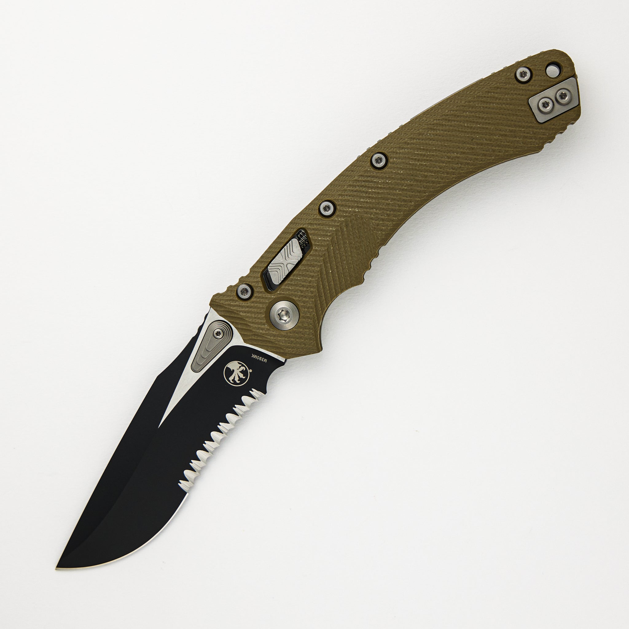 Microtech Amphibian - RAM-LOK Black Drop Point Partial Serrated Fluted OD Green G10 137RL-2FLGTOD