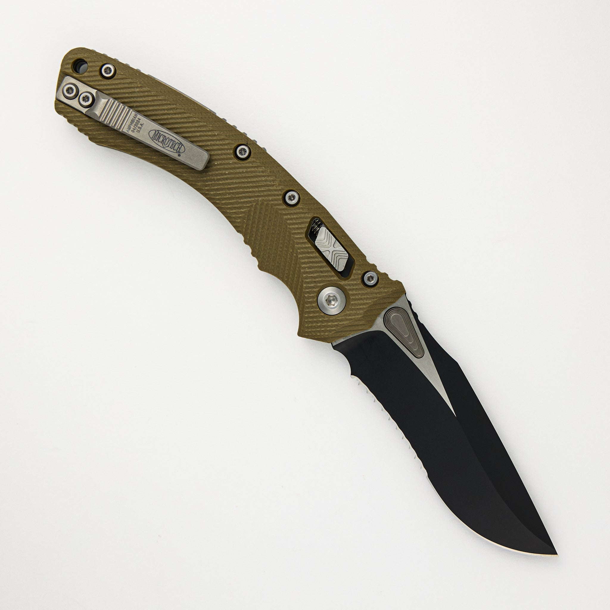 Microtech Amphibian - RAM-LOK Black Drop Point Partial Serrated Fluted OD Green G10 137RL-2FLGTOD