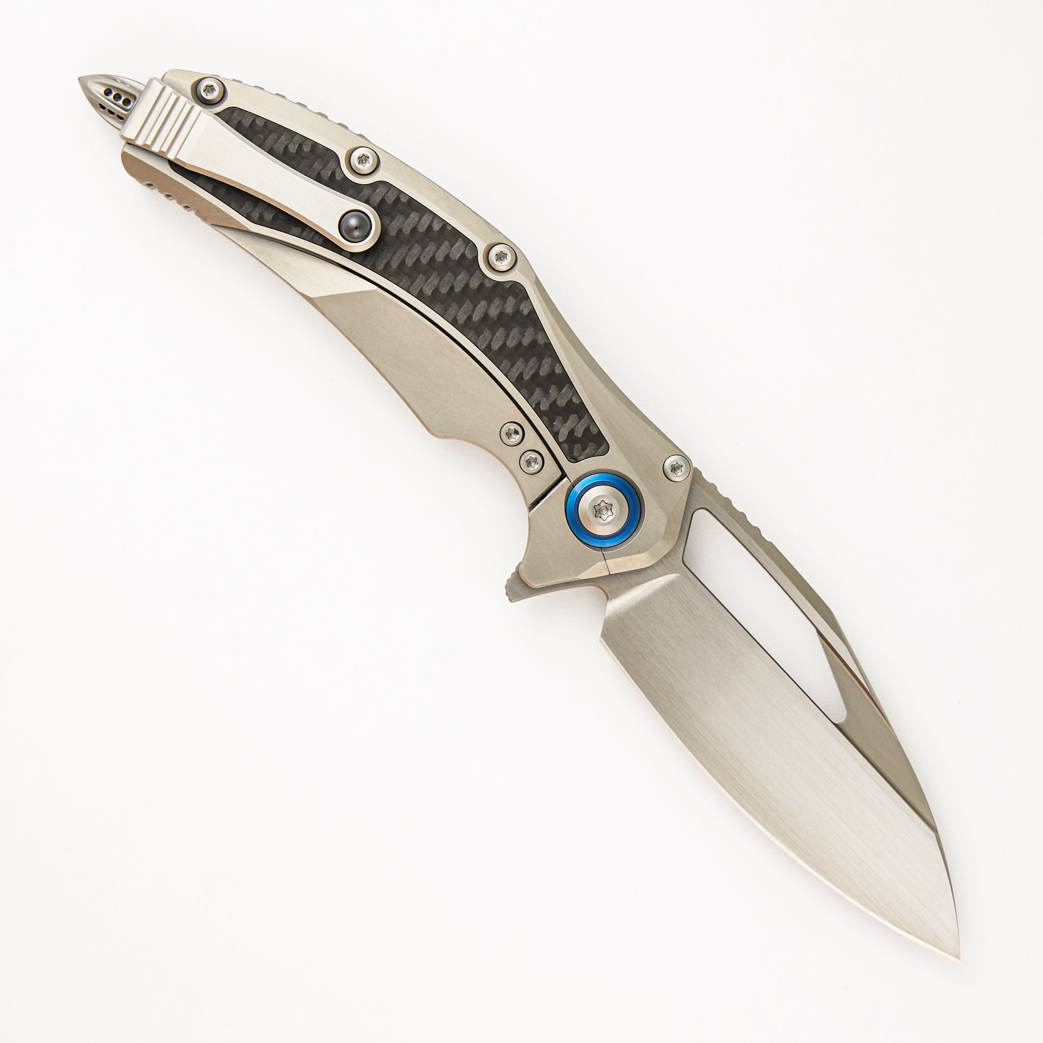 Microtech Matrix Titanium Handle Hand Rubbed Satin Standard Blue Titanium Pivot Collar Carbon Fiber Inlay 165C-4 CFITI