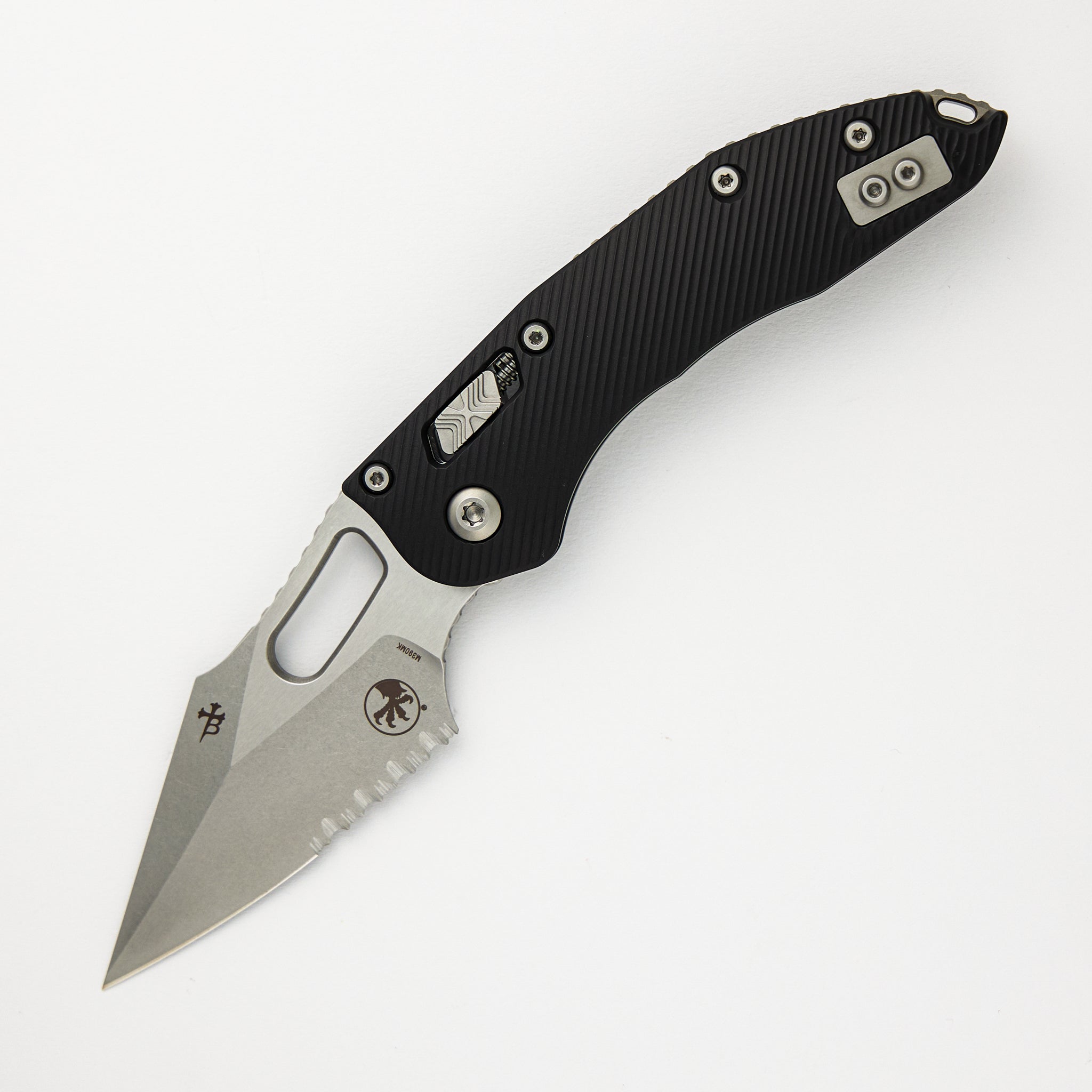 Microtech - Borka Blades Design Stitch – RAM-LOK S/E Fluted Black Aluminum Stonewash Partial Serrated 169RL-11FL