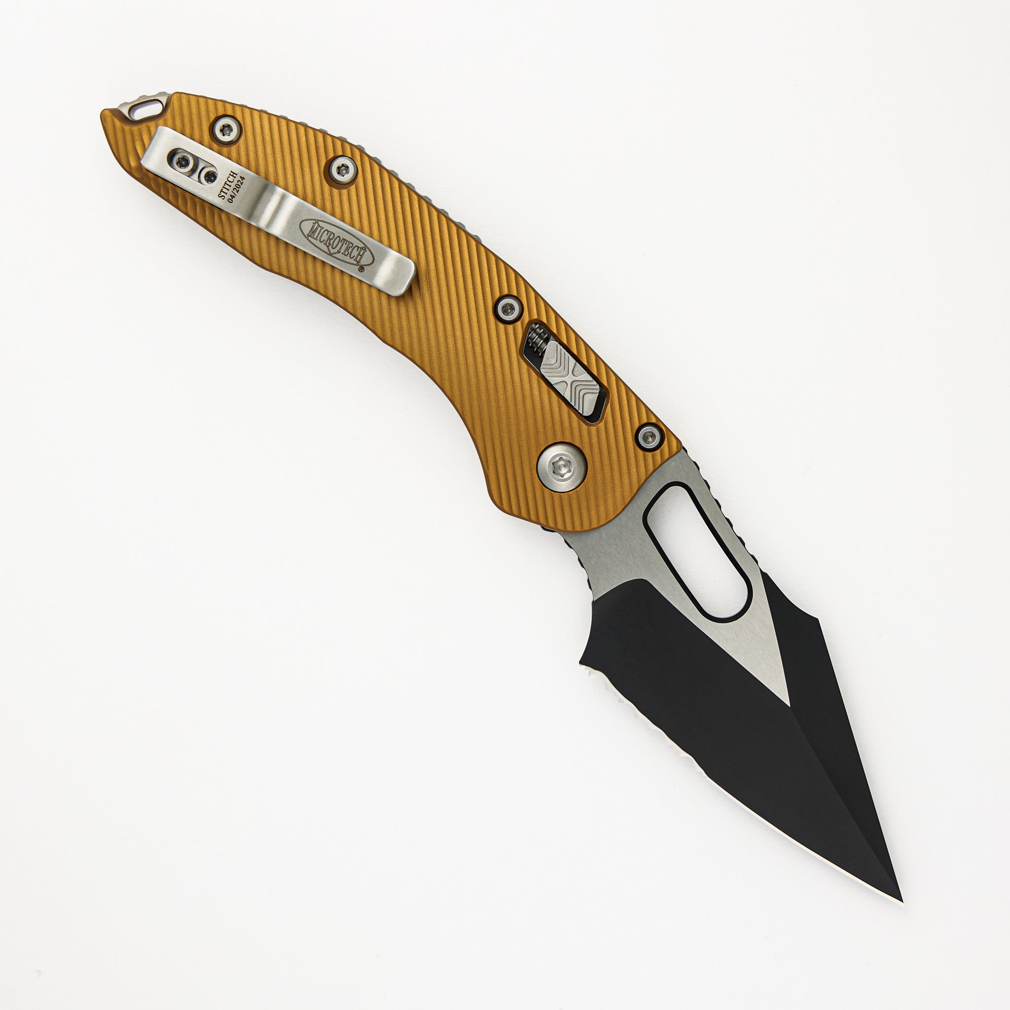 Stitch – RAM-LOK S/E Fluted Tan Aluminum Partial Serrated Black Standard 169RL-2FLTA (Borka Blades Design)