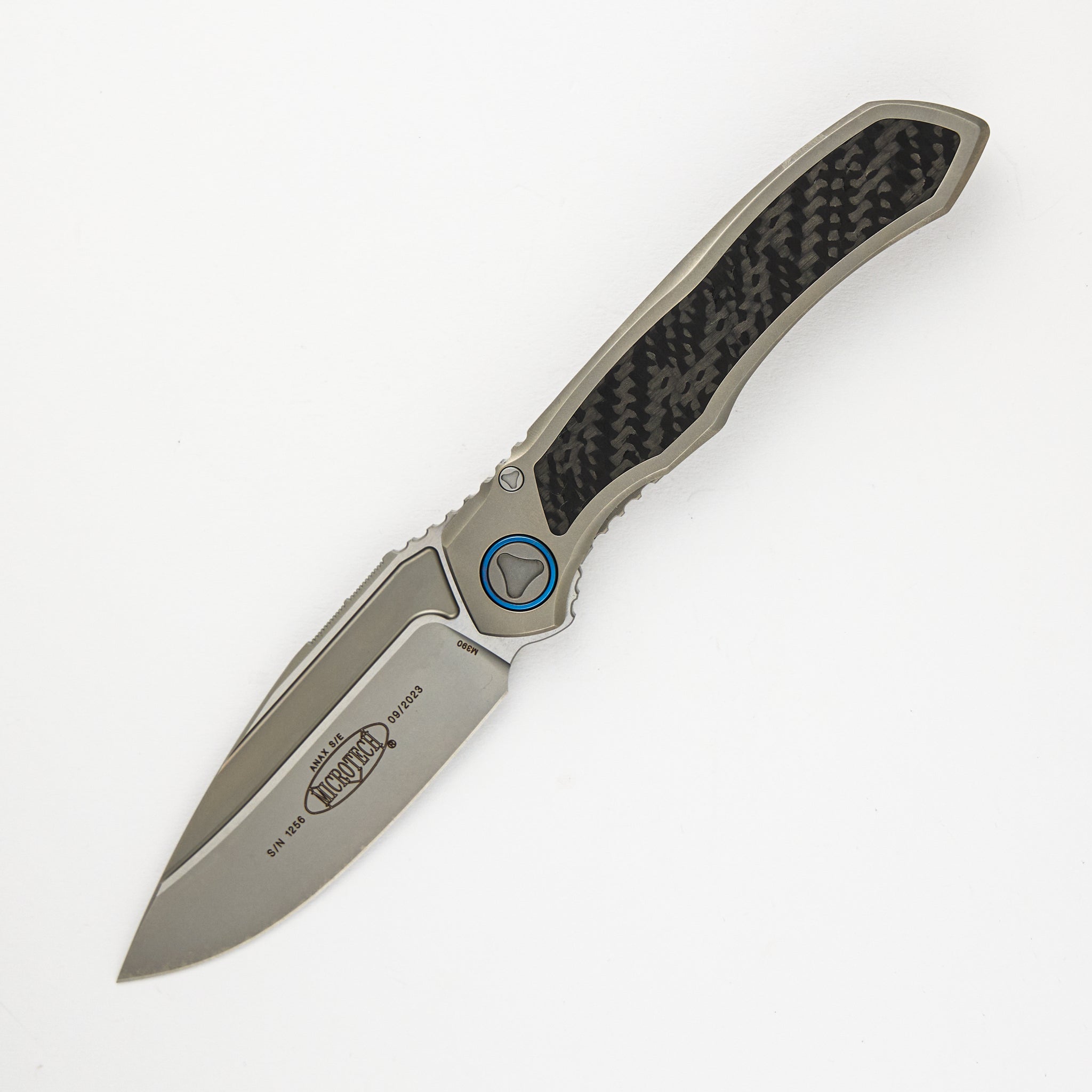 Anax – S-E Titanium Handle Bead Blast Standard Blue Titanium Pivot Collar Carbon Fiber Inlay 190C-7 CFITI