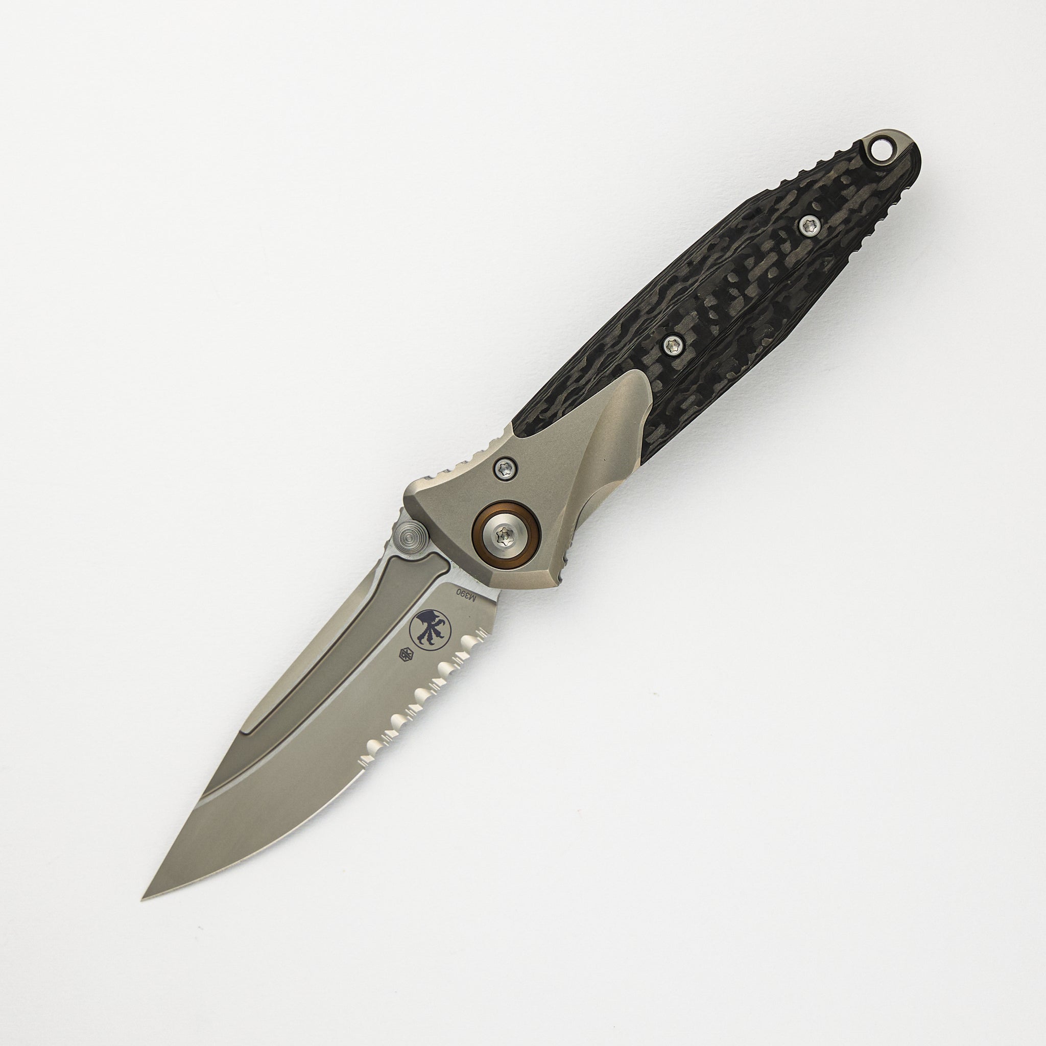 Socom Bravo Mini S/E Titanium Handle Bead Blast Standard Partial Serrated Bronze Titanium Pivot Collar Carbon Fiber Scales 260M-8CFTI