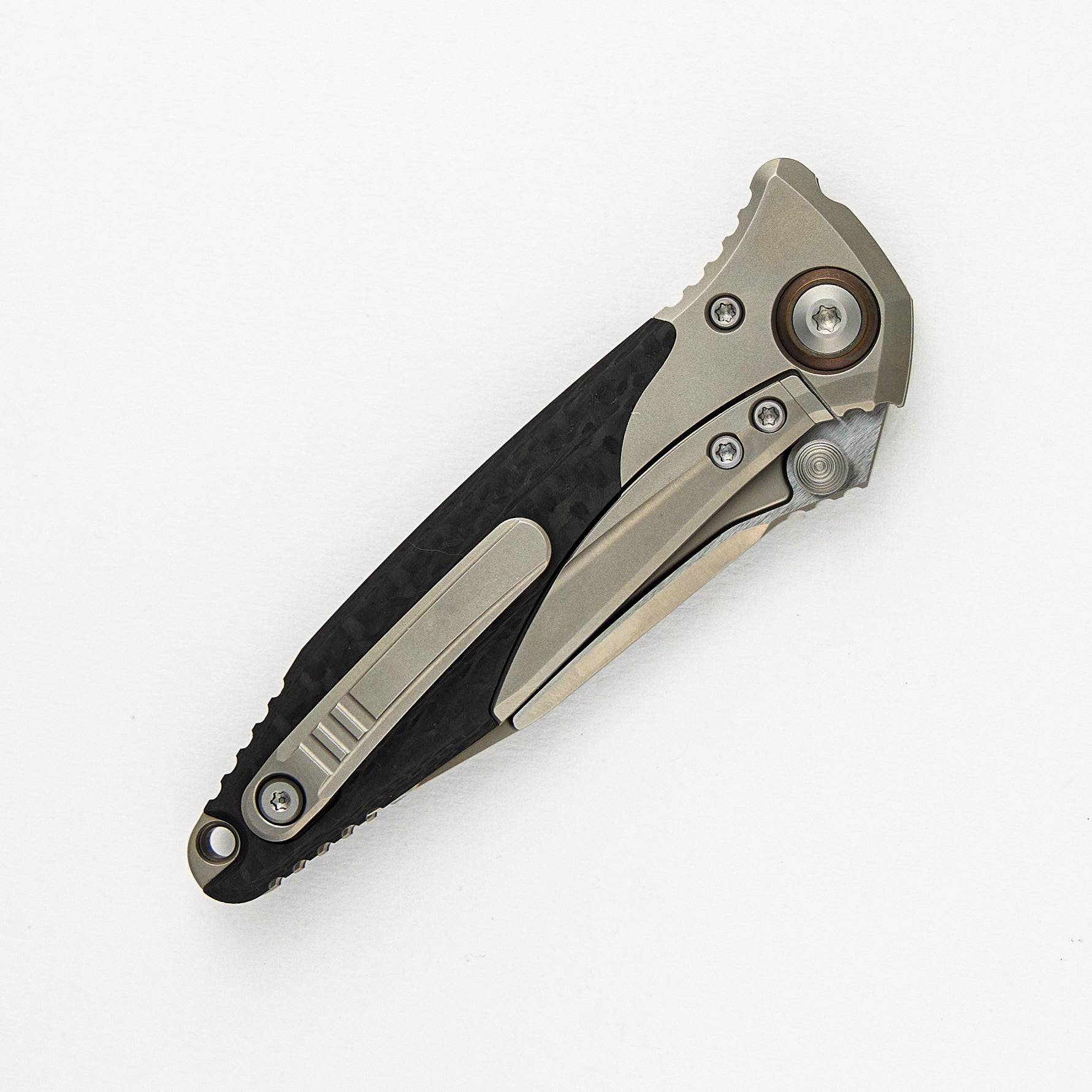 Socom Bravo Mini S/E Titanium Handle Bead Blast Standard Partial Serrated Bronze Titanium Pivot Collar Carbon Fiber Scales 260M-8CFTI