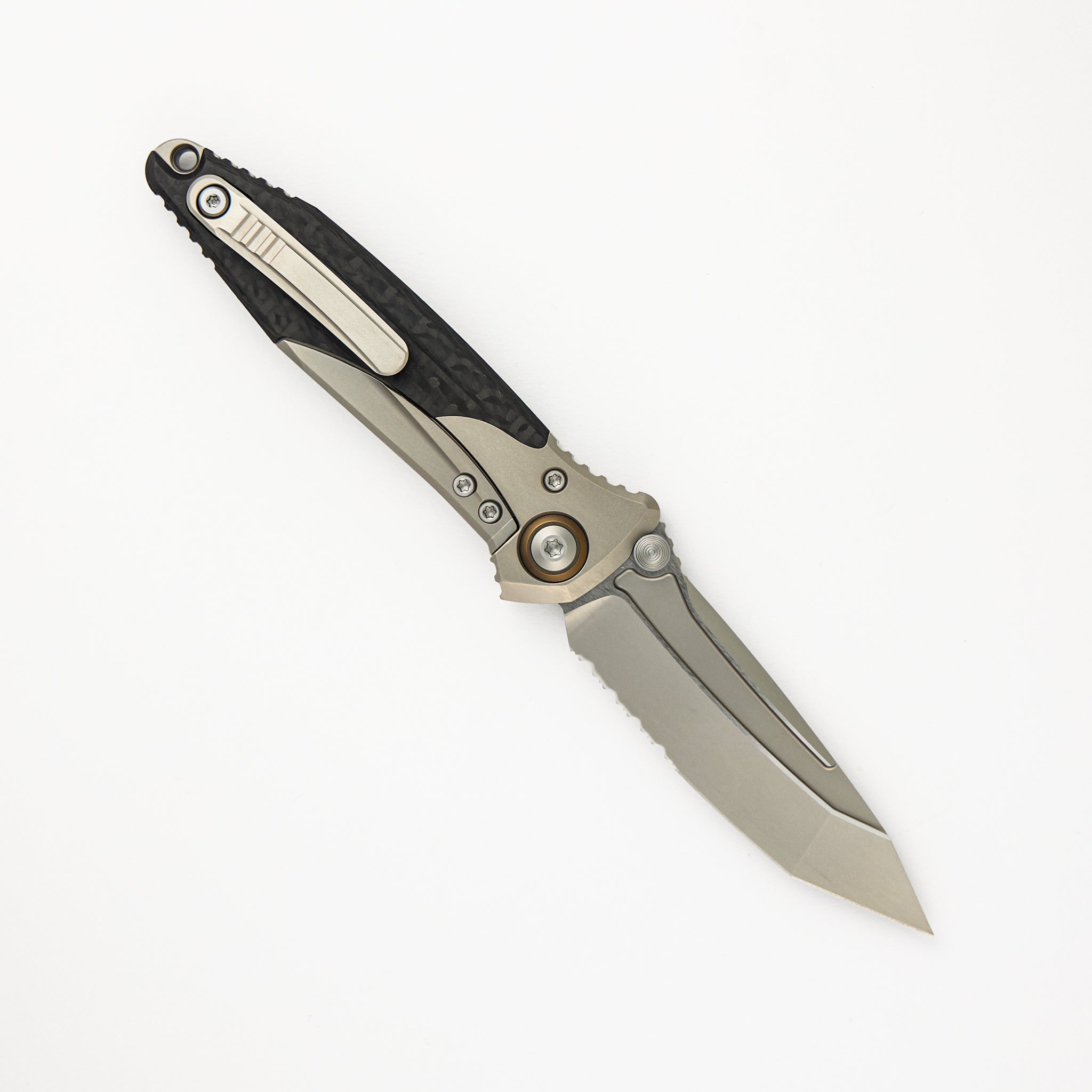 Socom Bravo Mini T/E Titanium/Carbon Fiber Handle Bead Blast Partial Serrated Standard Bronze Titanium Pivot Collar 261M-8CFTI