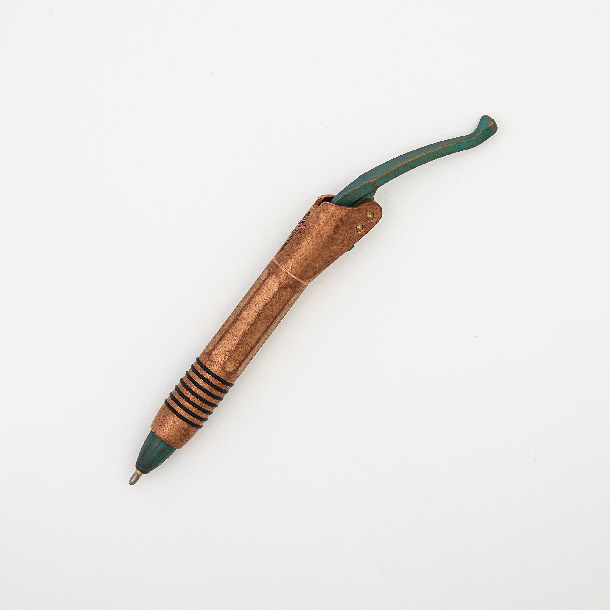 Marfione Custom Knives Siphon II - Cryo Ice Copper W/ Antique Green Titanium Lever - Antique Green Titanium W/ Bronze Titanum Hardware
