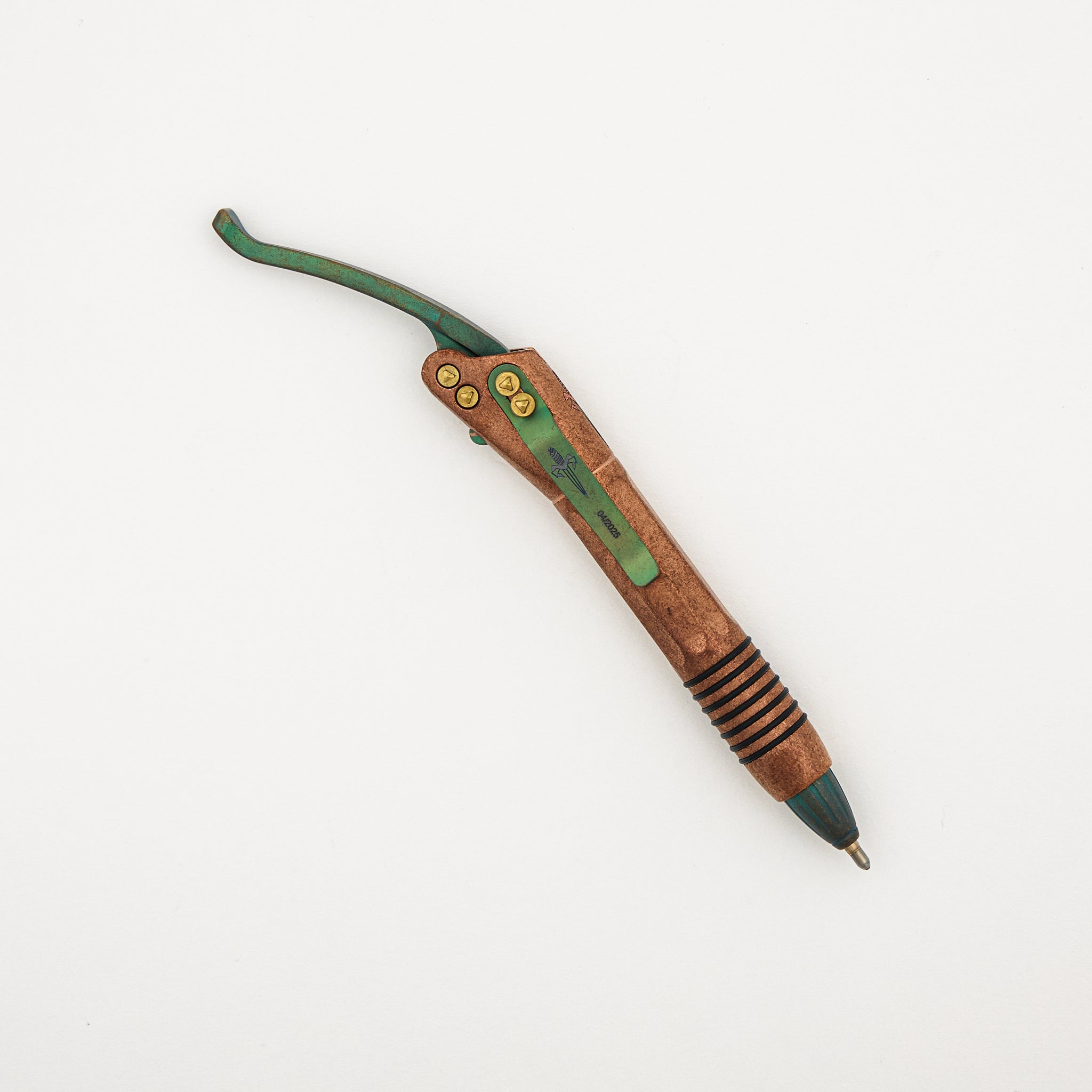 Marfione Custom Knives Siphon II - Cryo Ice Copper W/ Antique Green Titanium Lever - Antique Green Titanium W/ Bronze Titanum Hardware