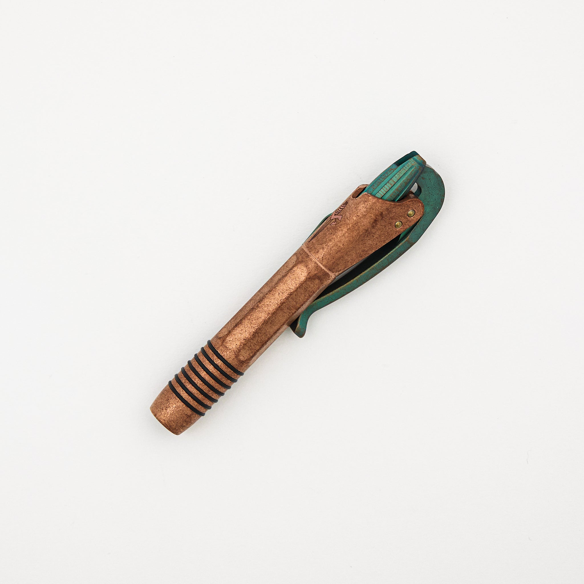 Marfione Custom Knives Siphon II - Cryo Ice Copper W/ Antique Green Titanium Lever - Antique Green Titanium W/ Bronze Titanum Hardware