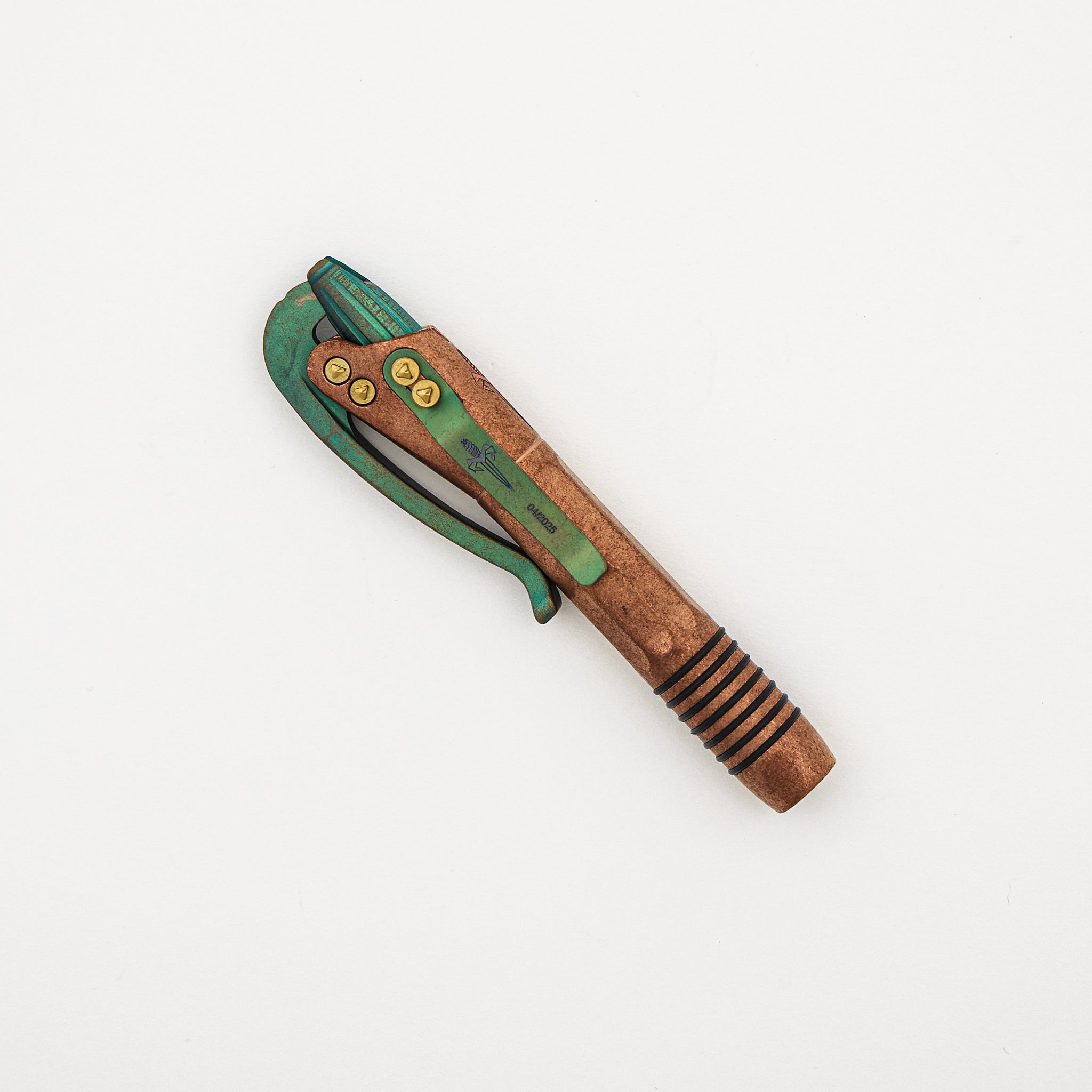 Marfione Custom Knives Siphon II - Cryo Ice Copper W/ Antique Green Titanium Lever - Antique Green Titanium W/ Bronze Titanum Hardware