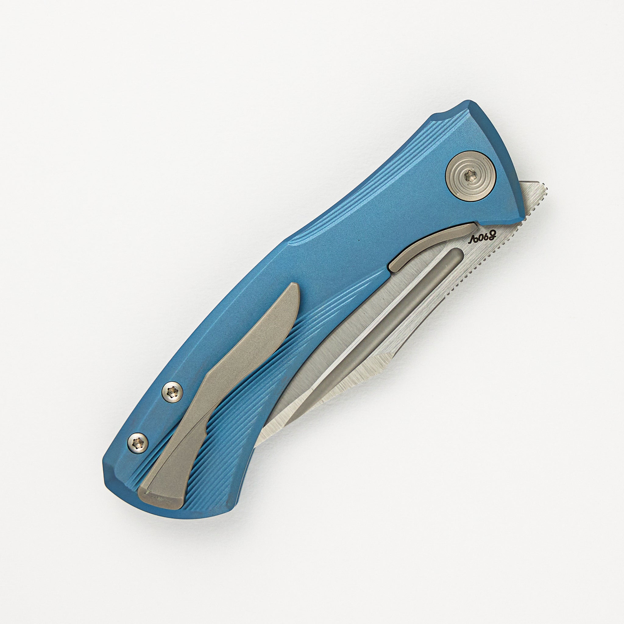 Ghoul - Ti Blue Anodized Handle - Belt Satin S90V Blade