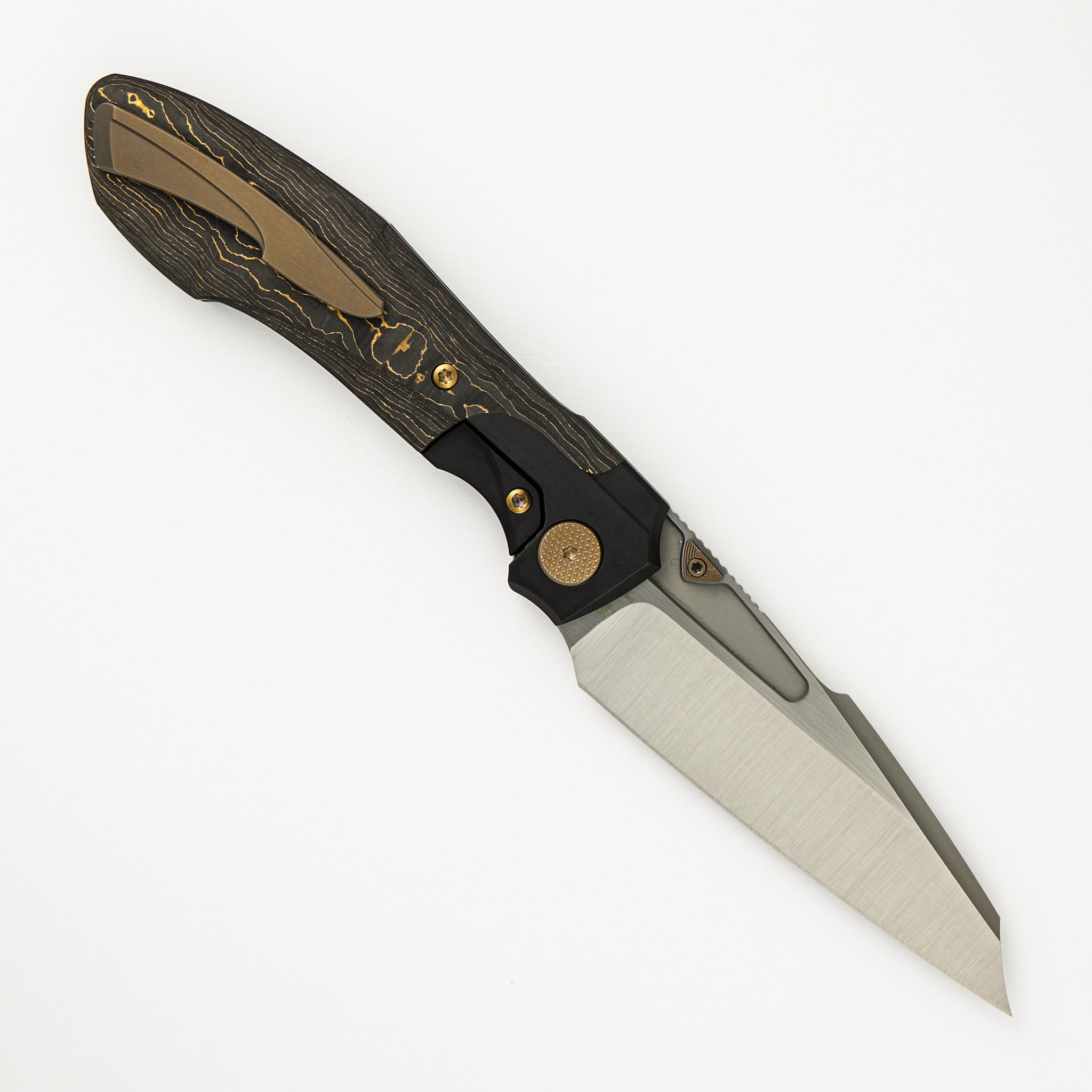 Voodoo - Black PVD/Light Stonewash Ti/Gold Camo Carbon Fiber Handle - Belt Satin M390 Blade