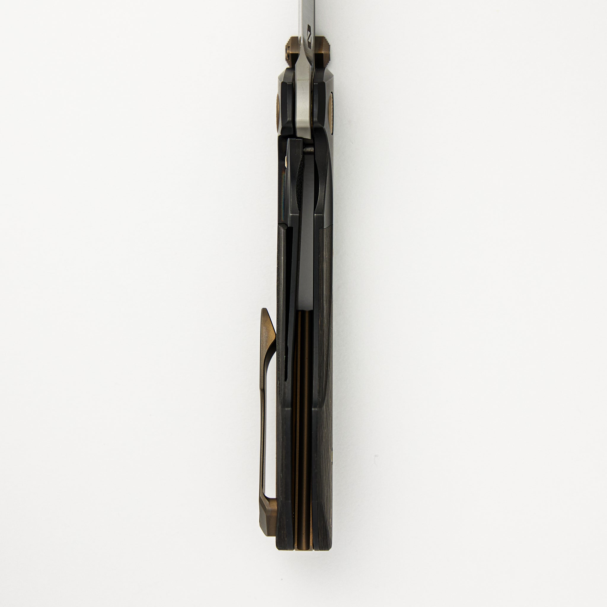 Voodoo - Black PVD/Light Stonewash Ti/Gold Camo Carbon Fiber Handle - Belt Satin M390 Blade
