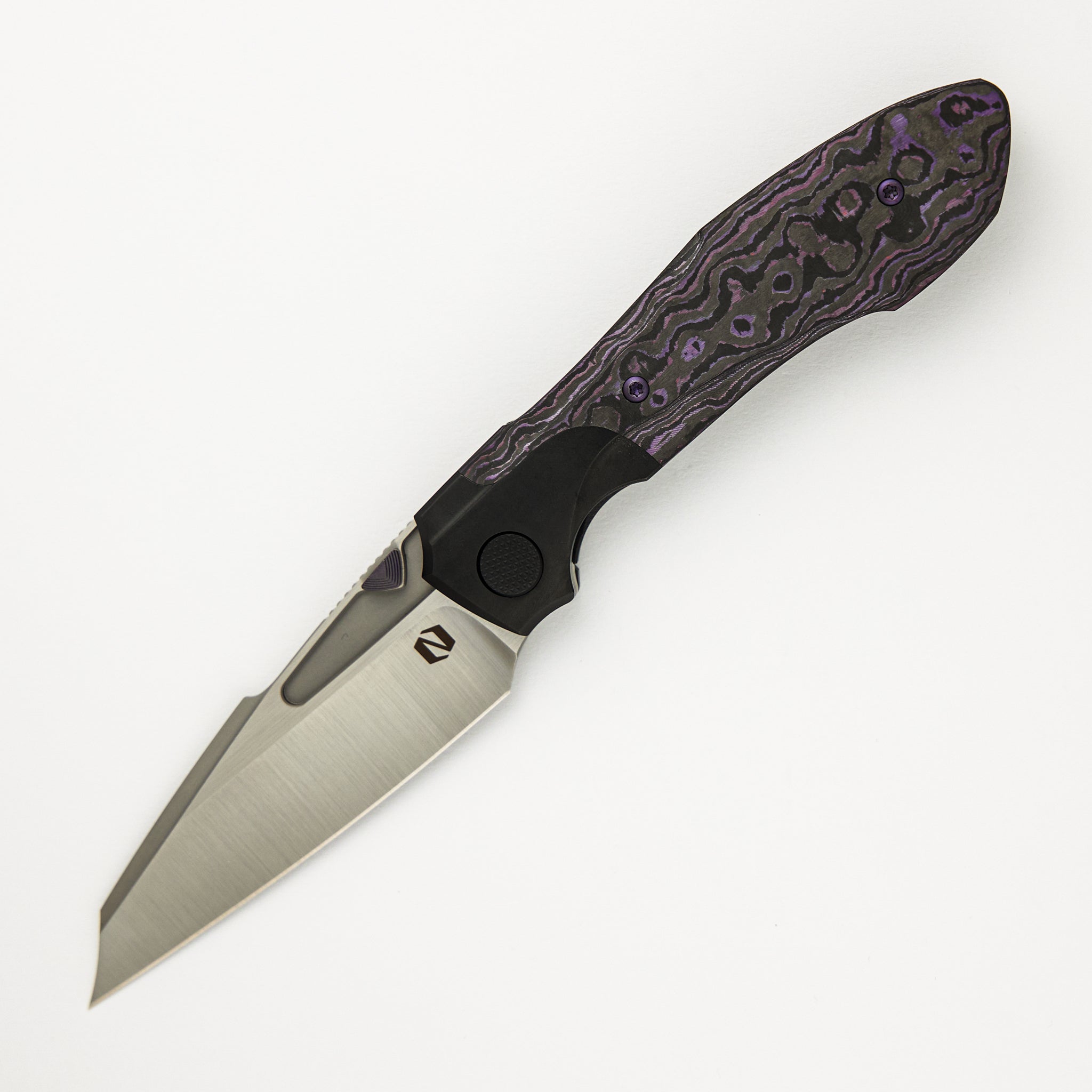 Voodoo - Black PVD/Light Stonewash Ti/Purple Haze Carbon FIber Handle - Belt Satin M390 Blade