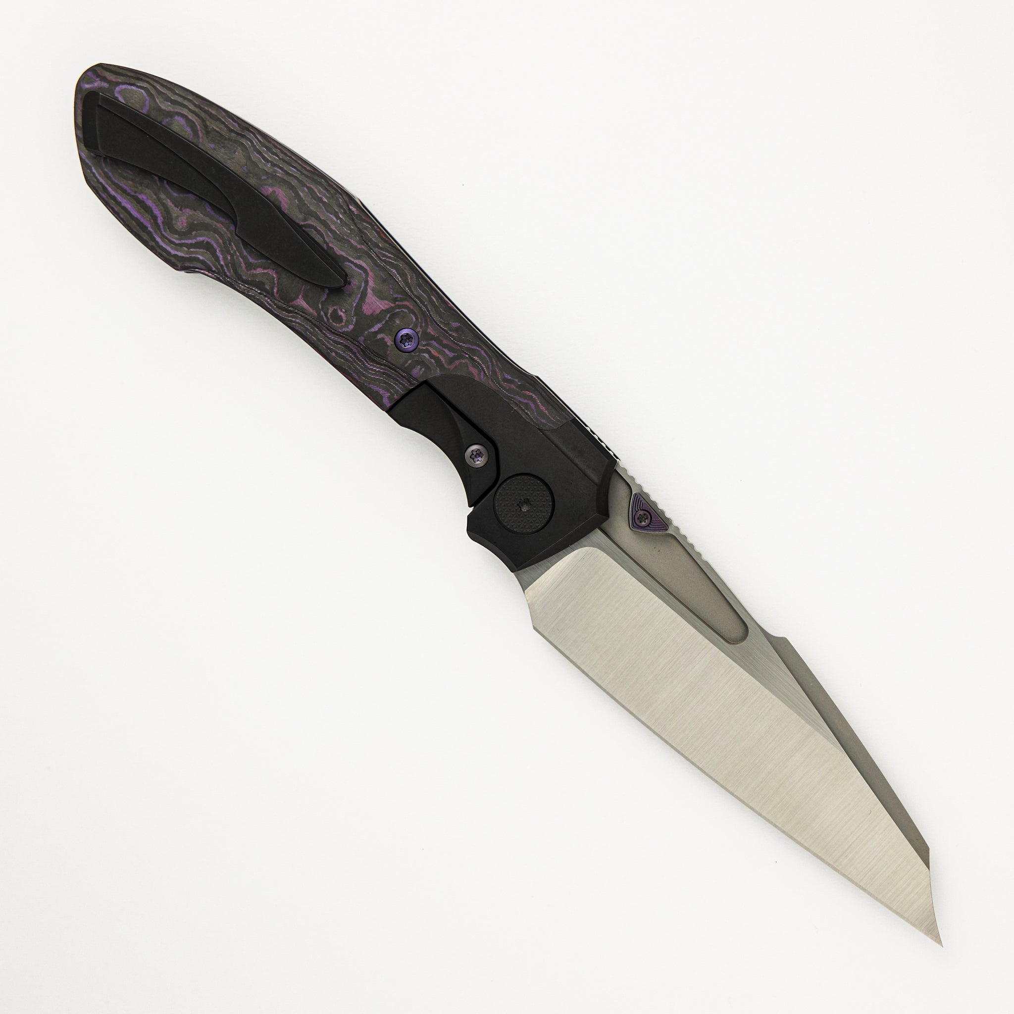 Voodoo - Black PVD/Light Stonewash Ti/Purple Haze Carbon FIber Handle - Belt Satin M390 Blade