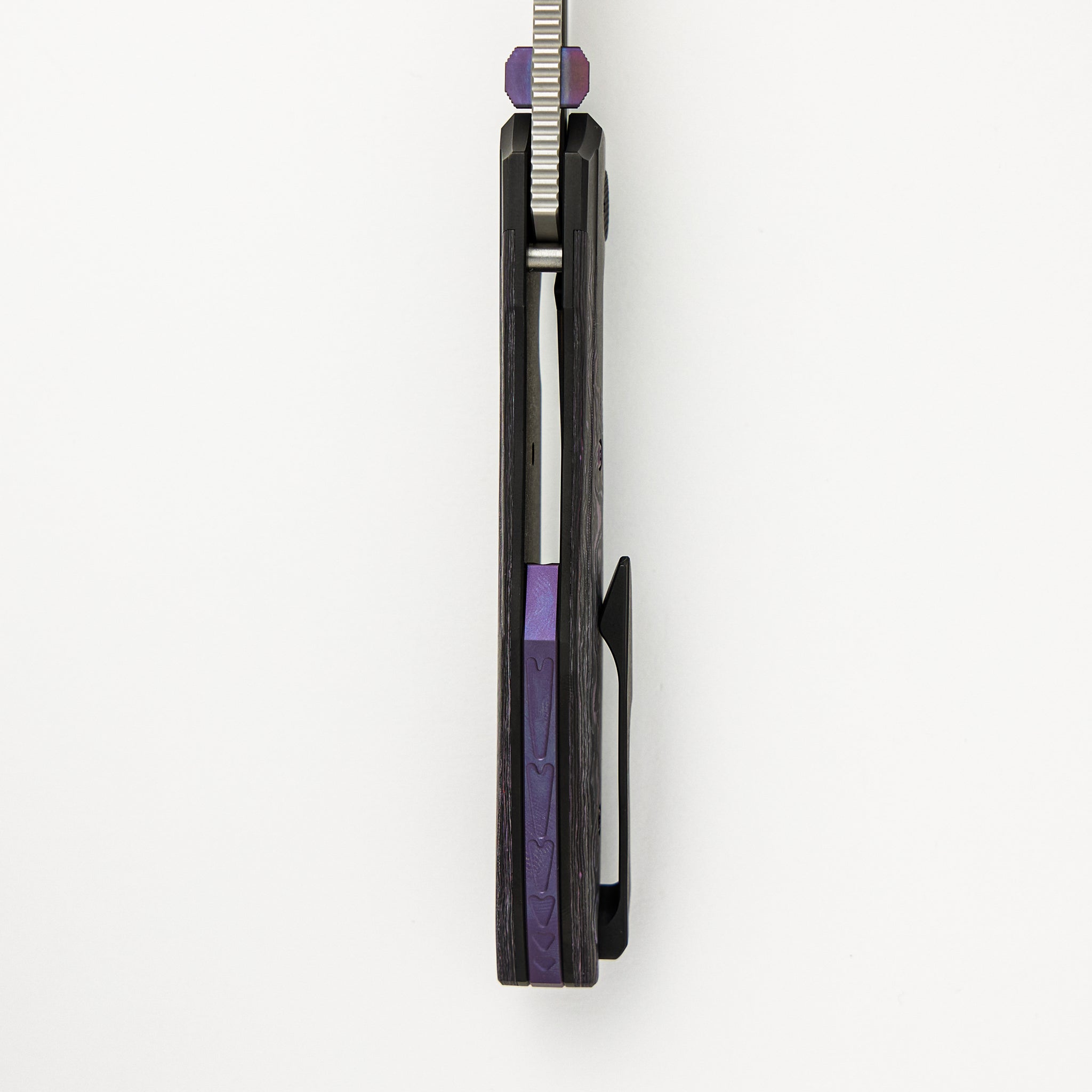 Voodoo - Black PVD/Light Stonewash Ti/Purple Haze Carbon FIber Handle - Belt Satin M390 Blade