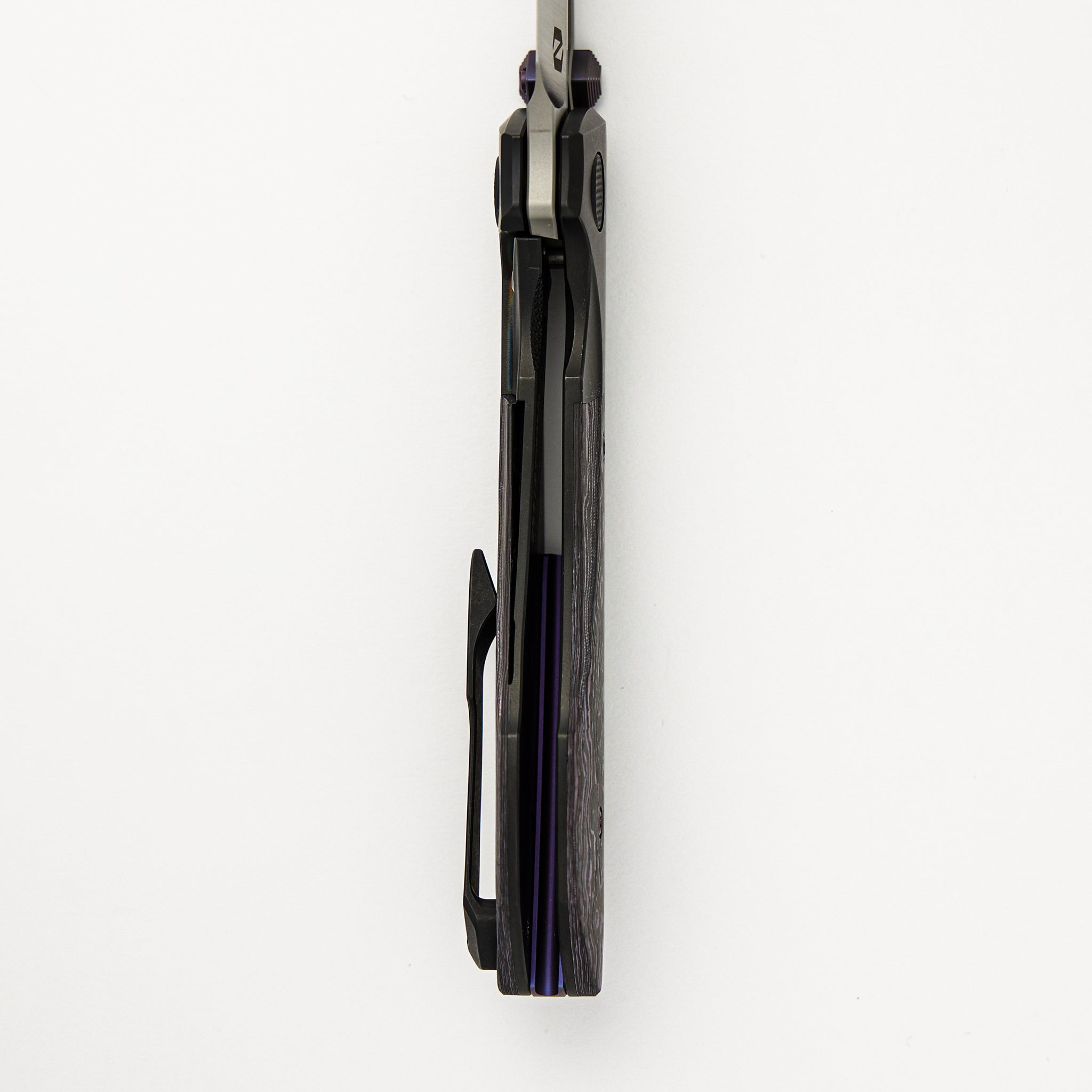 Voodoo - Black PVD/Light Stonewash Ti/Purple Haze Carbon FIber Handle - Belt Satin M390 Blade
