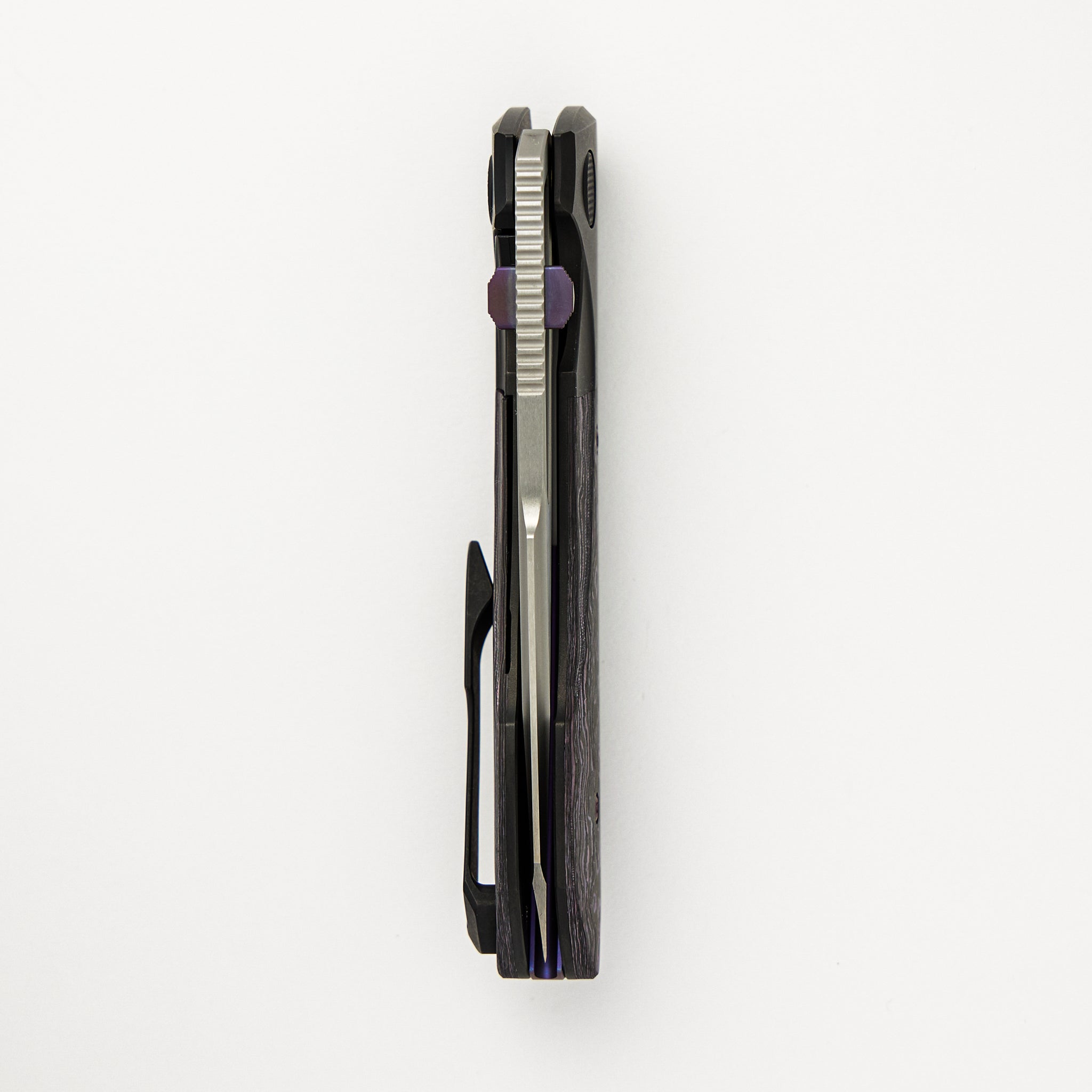 Voodoo - Black PVD/Light Stonewash Ti/Purple Haze Carbon FIber Handle - Belt Satin M390 Blade