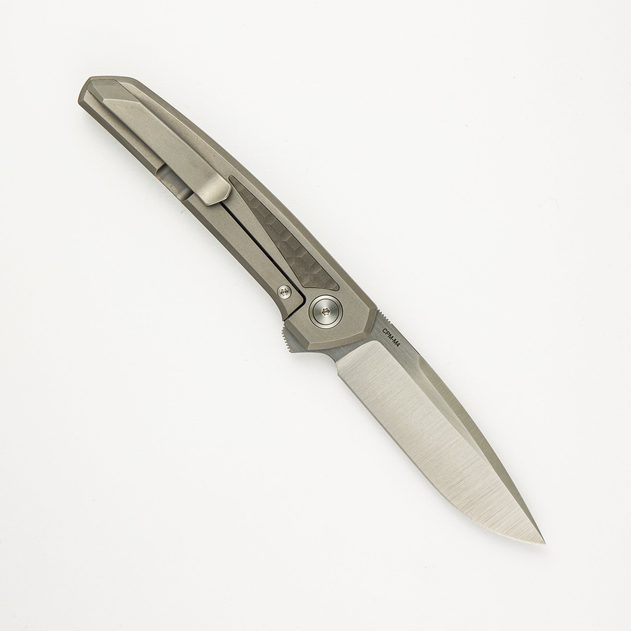 Cobra - Titanium Handle W/ Titanium Frag Dark Bead Blast Inlays - Belt Satin CPM-M4 Blade