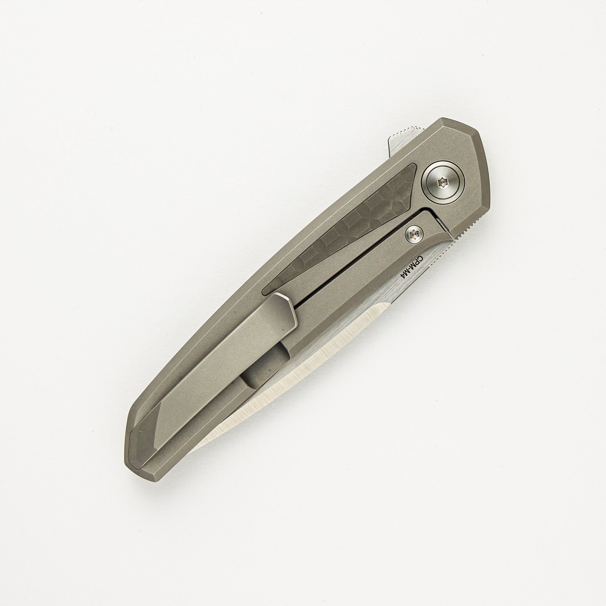 Cobra - Titanium Handle W/ Titanium Frag Dark Bead Blast Inlays - Belt Satin CPM-M4 Blade