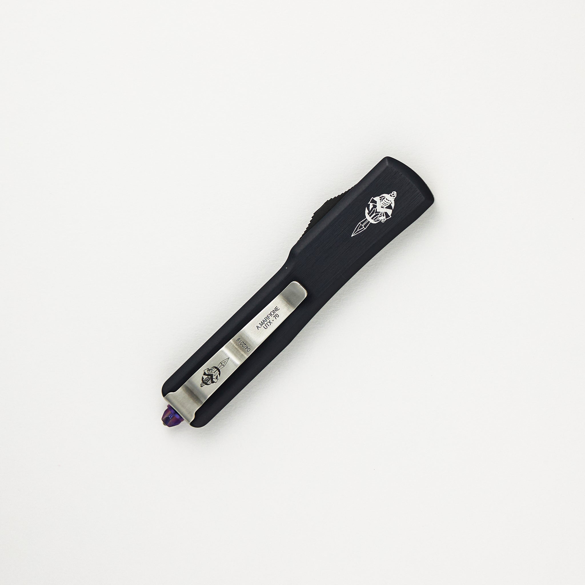 Marfione Custom Knives UTX-70 - Hellhound Mirror Polish Blade - Black Anodized Hefted Aircraft Alloy