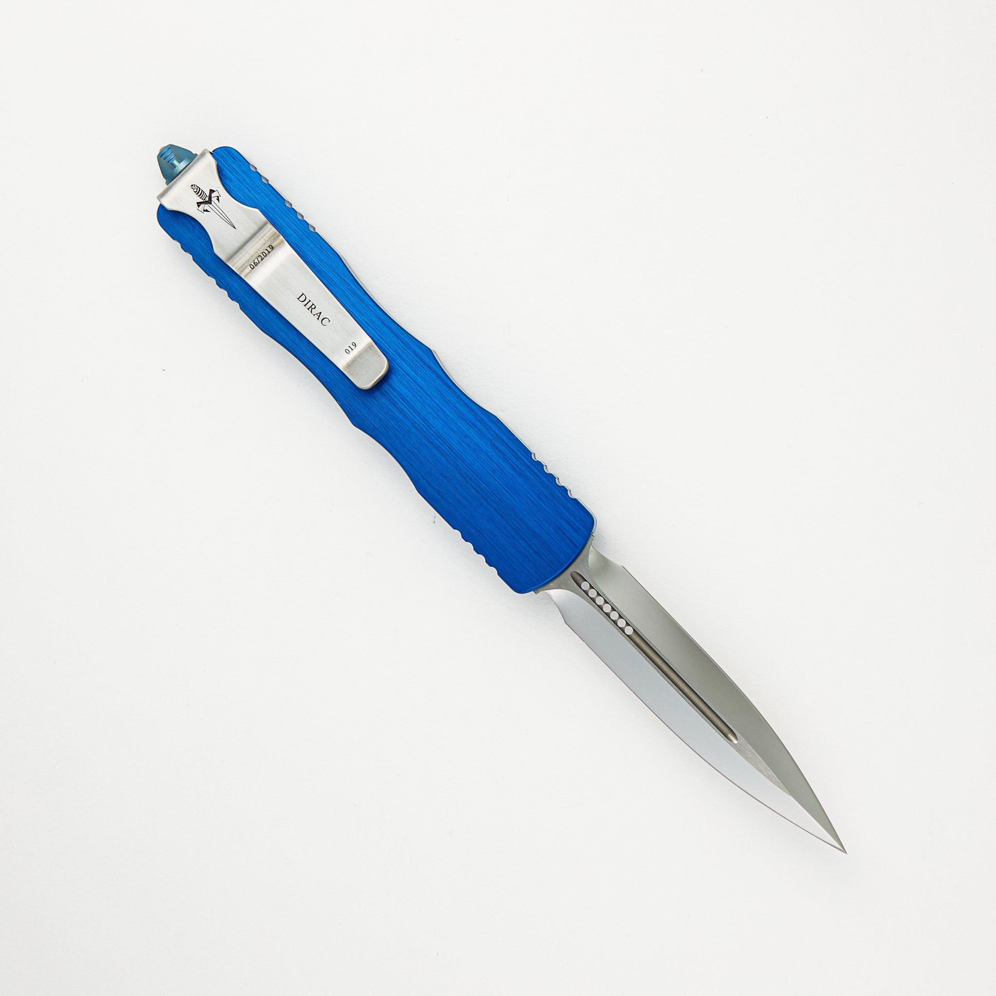Marfione Custom Knives Dirac - D/E Mirror Polish Blade - Blue Hefted Alloy Handle