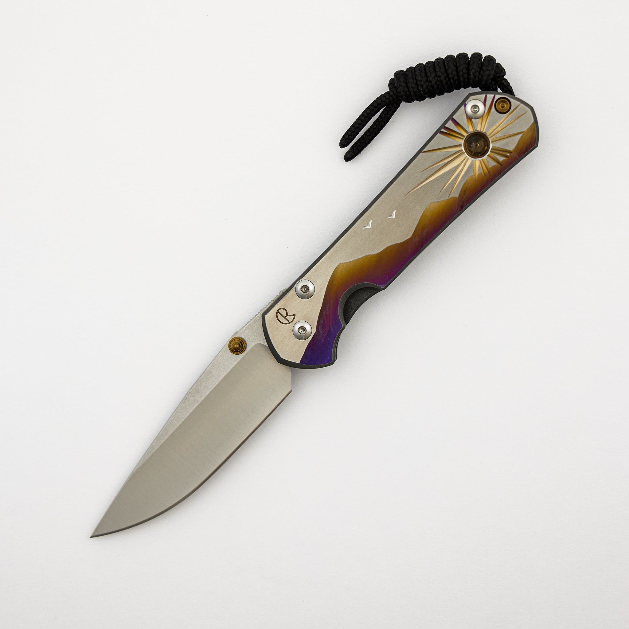 Small Sebenza 31 - "Morning Sun" Unique Graphic - Citrine - Drop Point CPM MagnaCut Blade - Citrine - Gold Single Thumb Lug