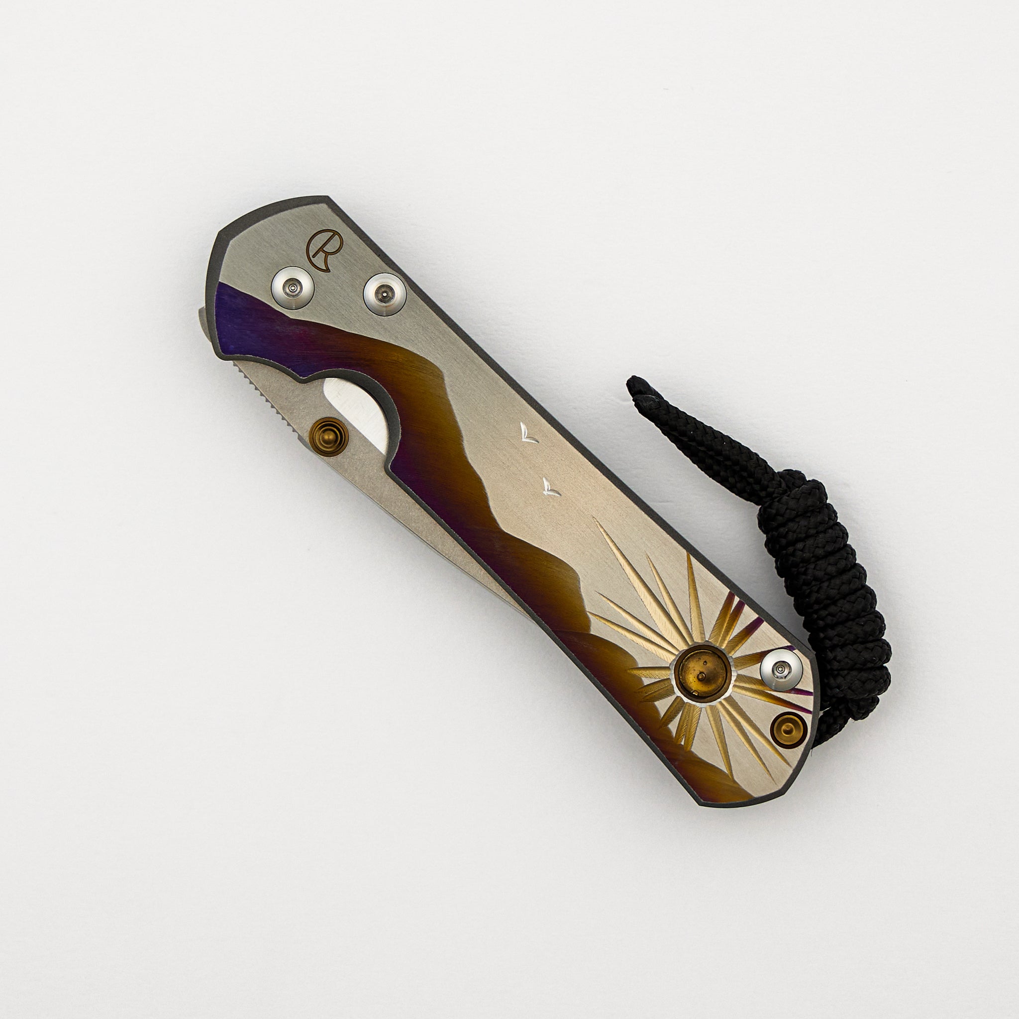 Small Sebenza 31 - "Morning Sun" Unique Graphic - Citrine - Drop Point CPM MagnaCut Blade - Citrine - Gold Single Thumb Lug