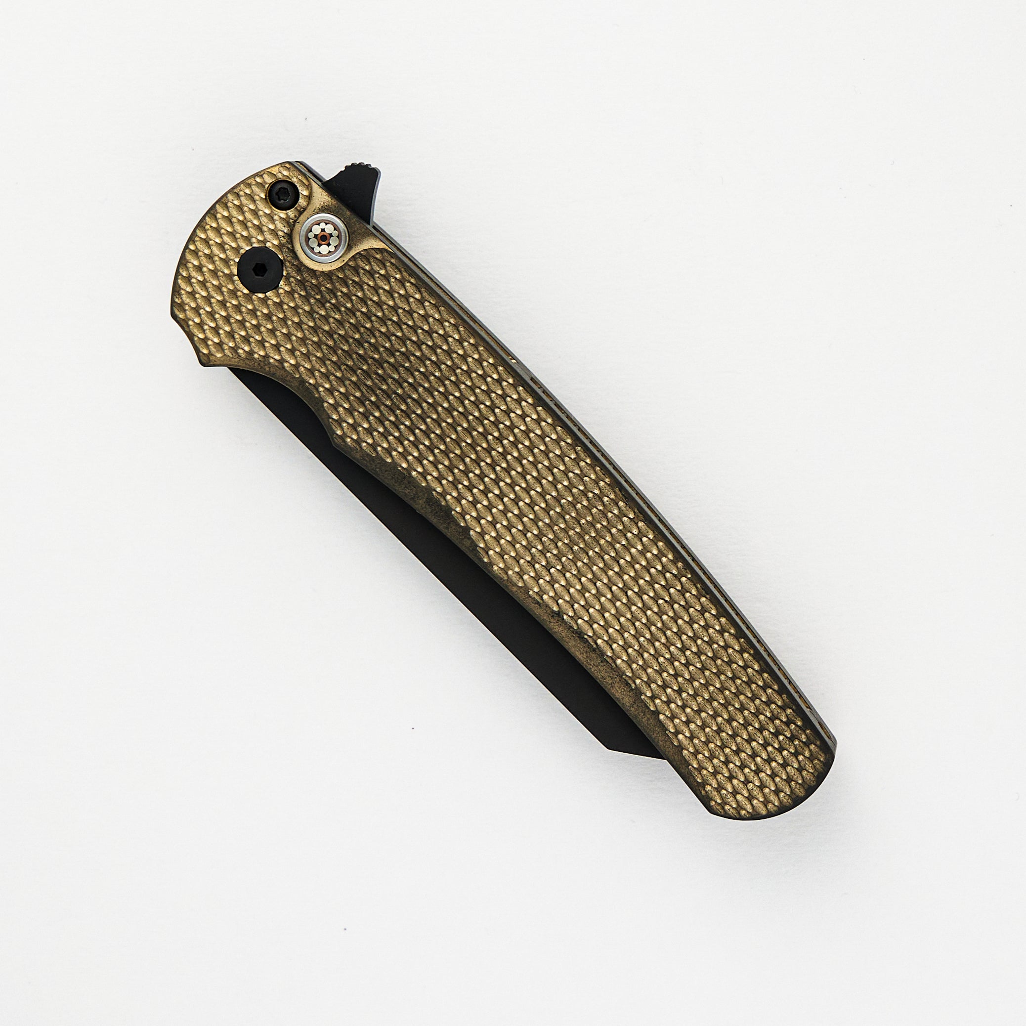 Malibu Flipper Ltd. – Textured Bronze AL Handle – DLC Black 20CV Reverse Tanto Blade – Mosaic Button – 5213