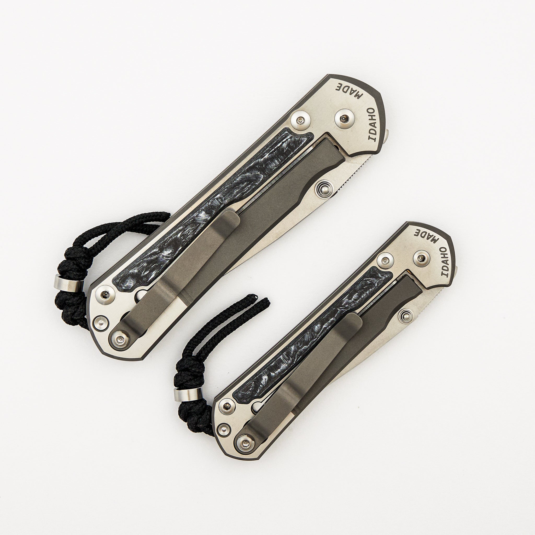 Large & Small Sebenza 31 Numbered Matched Set - White CarboTi Inlay - Polished Drop Point CPM MagnaCut Blade - Silver Double Lugs