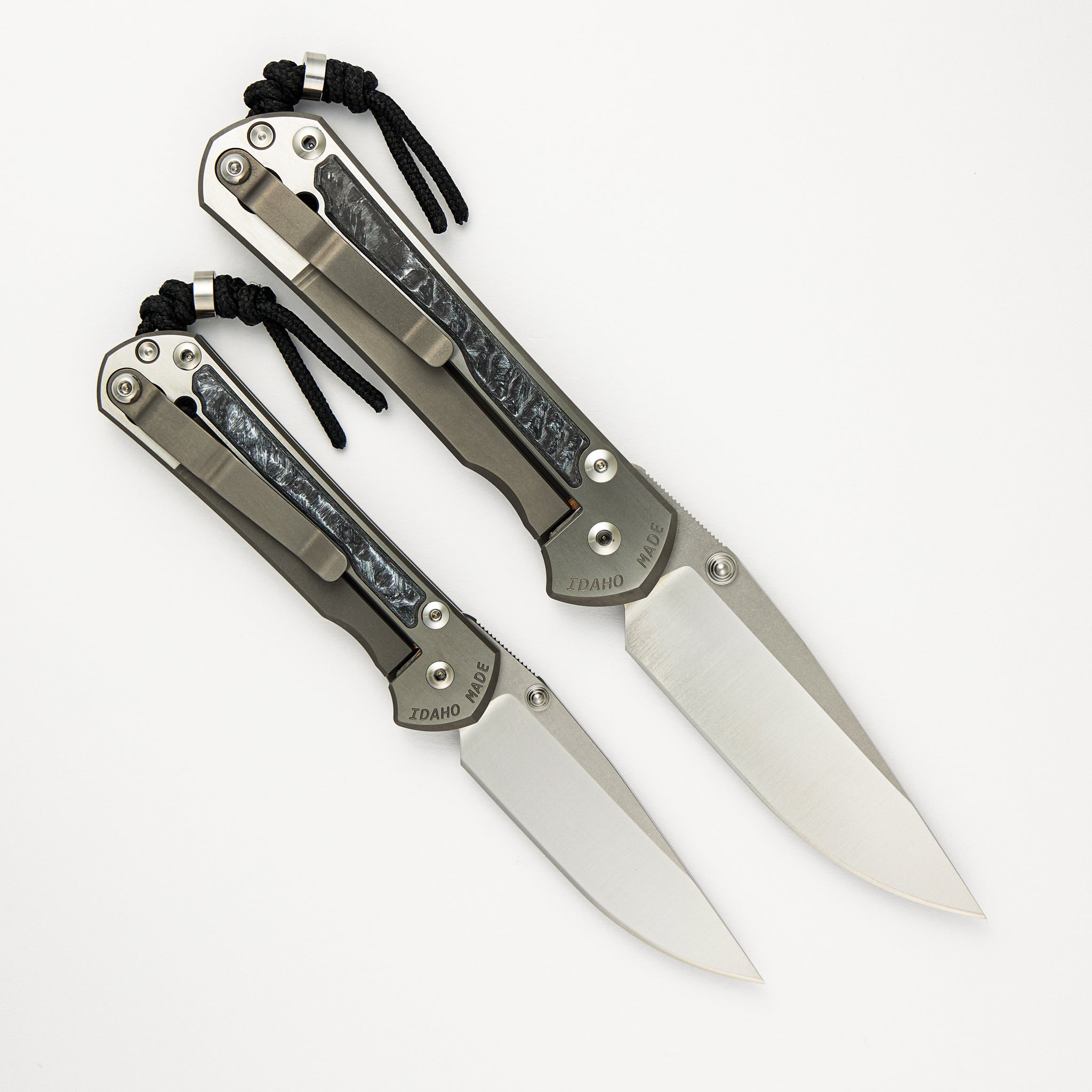Large & Small Sebenza 31 Numbered Matched Set - White CarboTi Inlay - Polished Drop Point CPM MagnaCut Blade - Silver Double Lugs