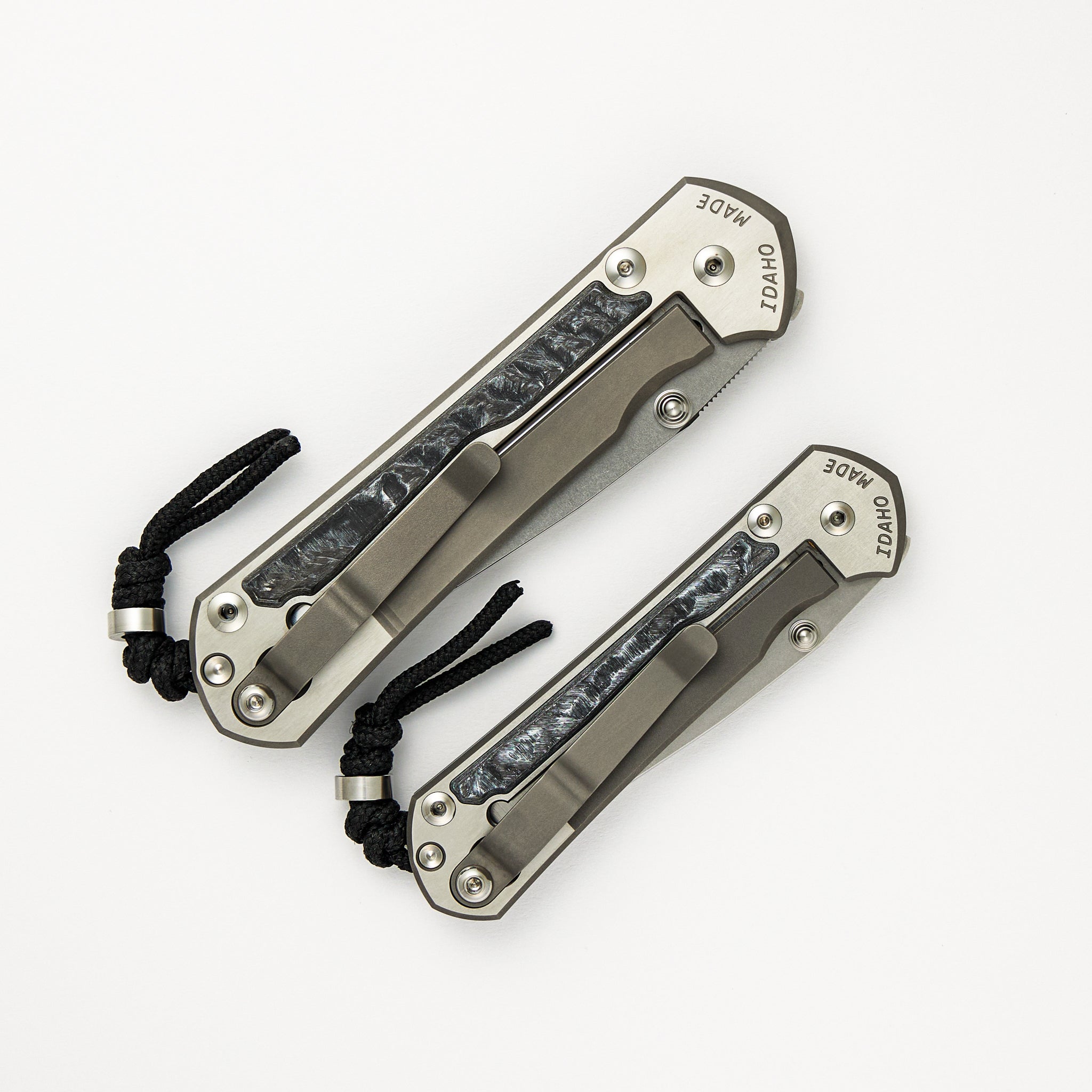 Large & Small Sebenza 31 Numbered Matched Set - White CarboTi Inlay - Polished Drop Point CPM MagnaCut Blade - Silver Double Lugs