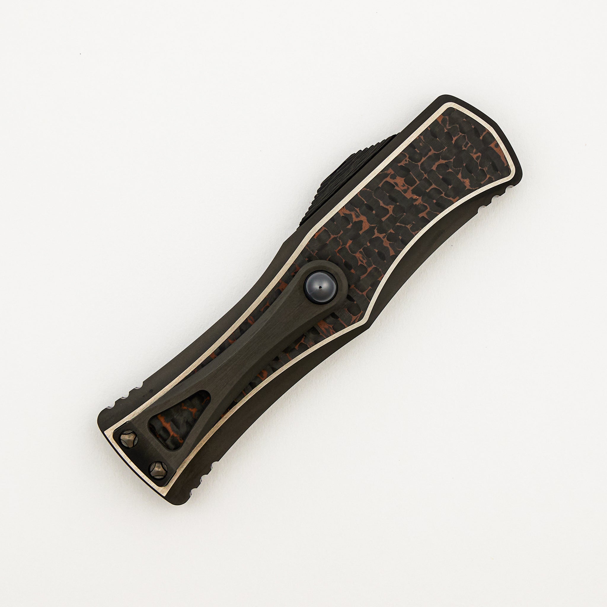 Marfione Custom Knives Hera - D/E Hot Blued Mosaic Blade - DLC Titanium/Snakeskin Copper Fat Carbon - S/N 011