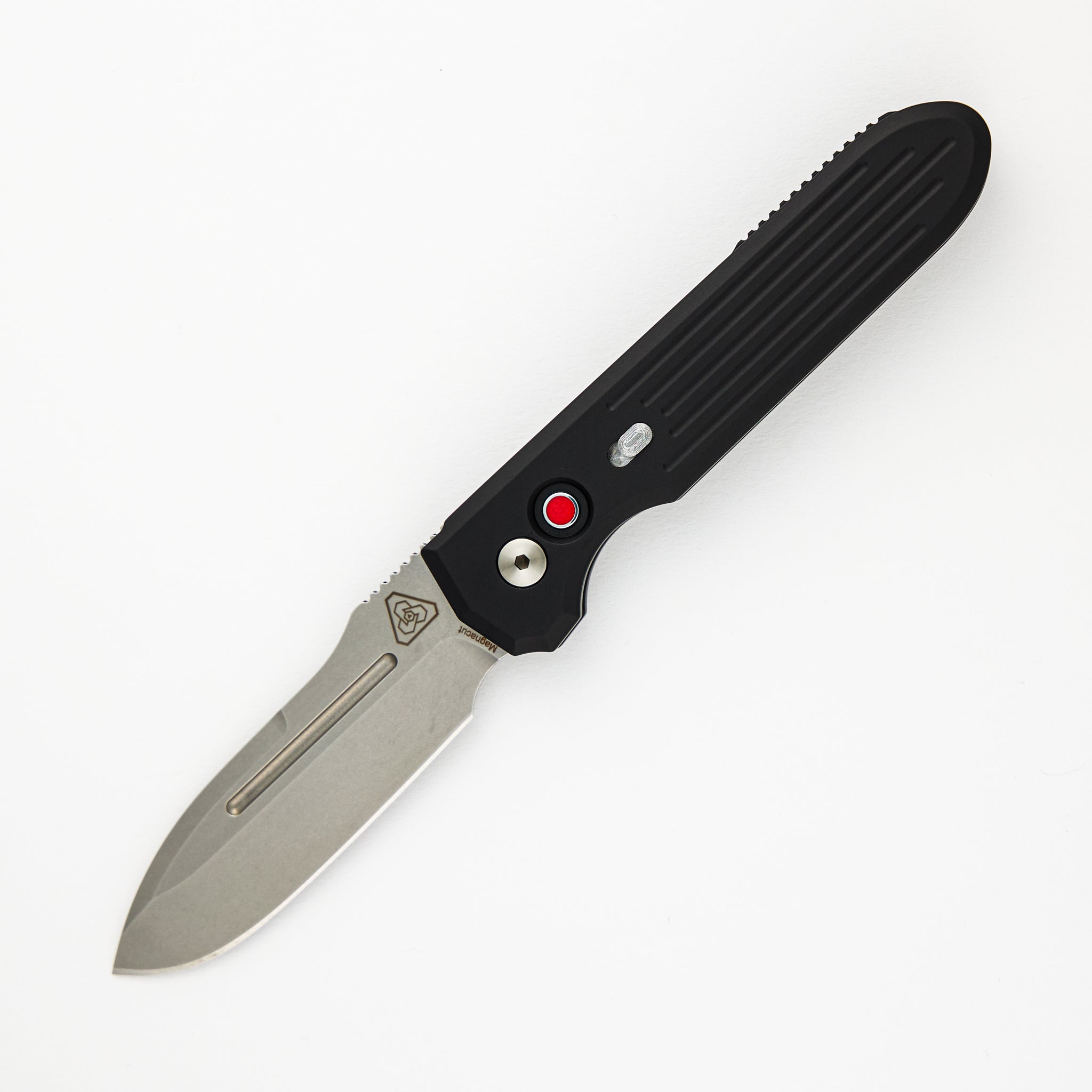 PDW Invictus Auto – Black Handle – Red G10 Push Button – CPM Magnacut Stonewash Blade 1804