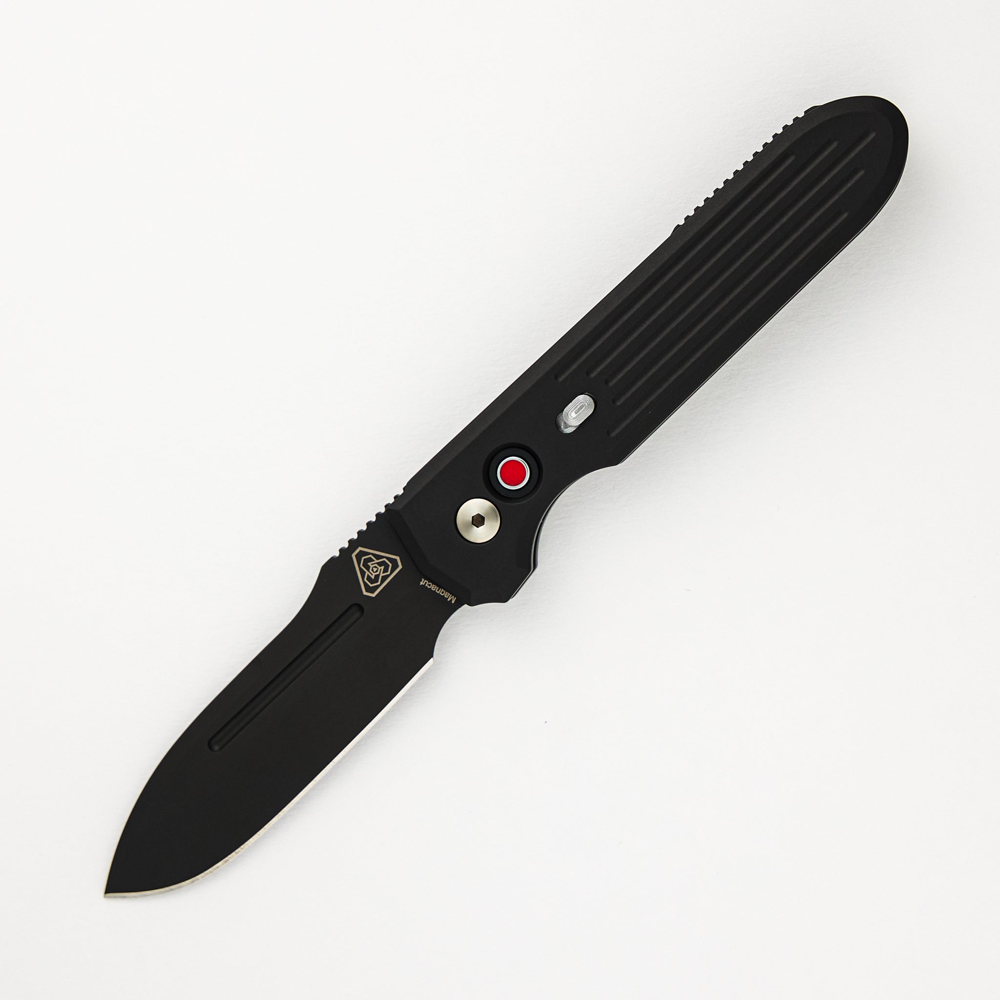 PDW Invictus Auto – Black Handle – Red G10 Push Button – CPM Magnacut Black DLC Blade 1805